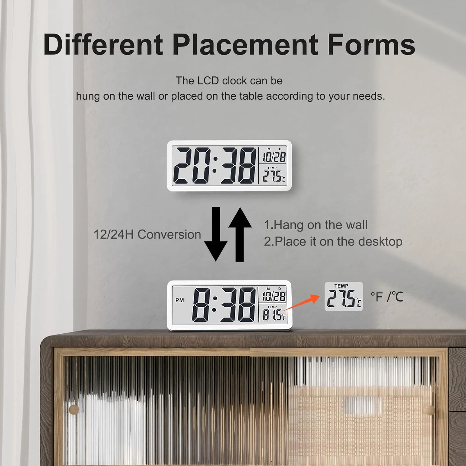 ساعت دیواری دیجیتال LCD JoFomp با باتری، ساعت دیواری مدرن 8.5 اینچی برای دکوراسیون اتاق نشیمن، ساعت دیواری دیجیتال ساده با دما/تاریخ/زمان - 12/24 ساعته، ساعت رومیزی کوچک برای اتاق خواب و دفتر