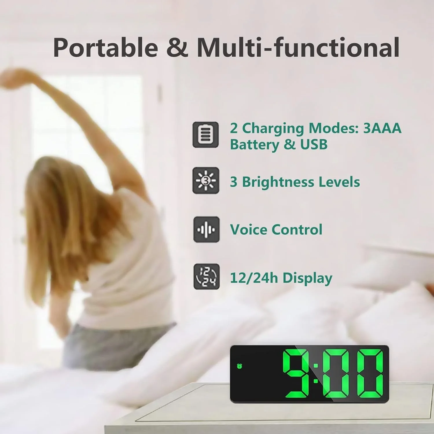 ساعت زنگ دار دیجیتال LED، ساعت چراغ خواب برقی با 3 روشنایی قابل تنظیم، ساعت رومیزی الکترونیکی با نمایش دما، ساعت زنگ دار دیجیتال برای اتاق خواب نمایش 12/24 ساعته (سبز)