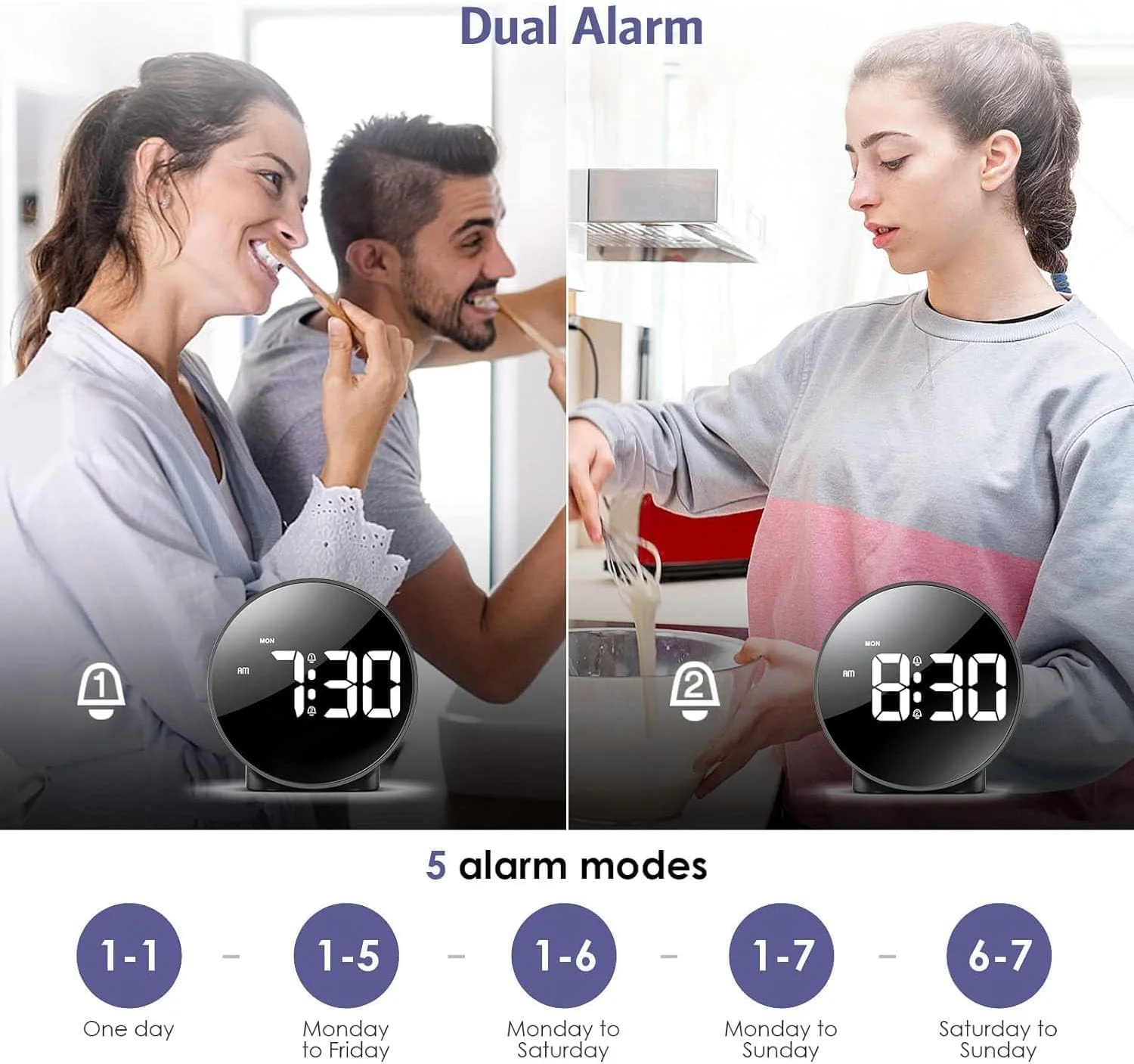 ساعت زنگ دار دیجیتال برای اتاق خواب، ساعت LED برای اتاق خواب، ساعت دیجیتال با صفحه نمایش بزرگ، USB/باتری خور، حالت 12/24 ساعته، 5 حالت زنگ هشدار، تنظیم روشنایی، ساعت حالت شب برای کودکان