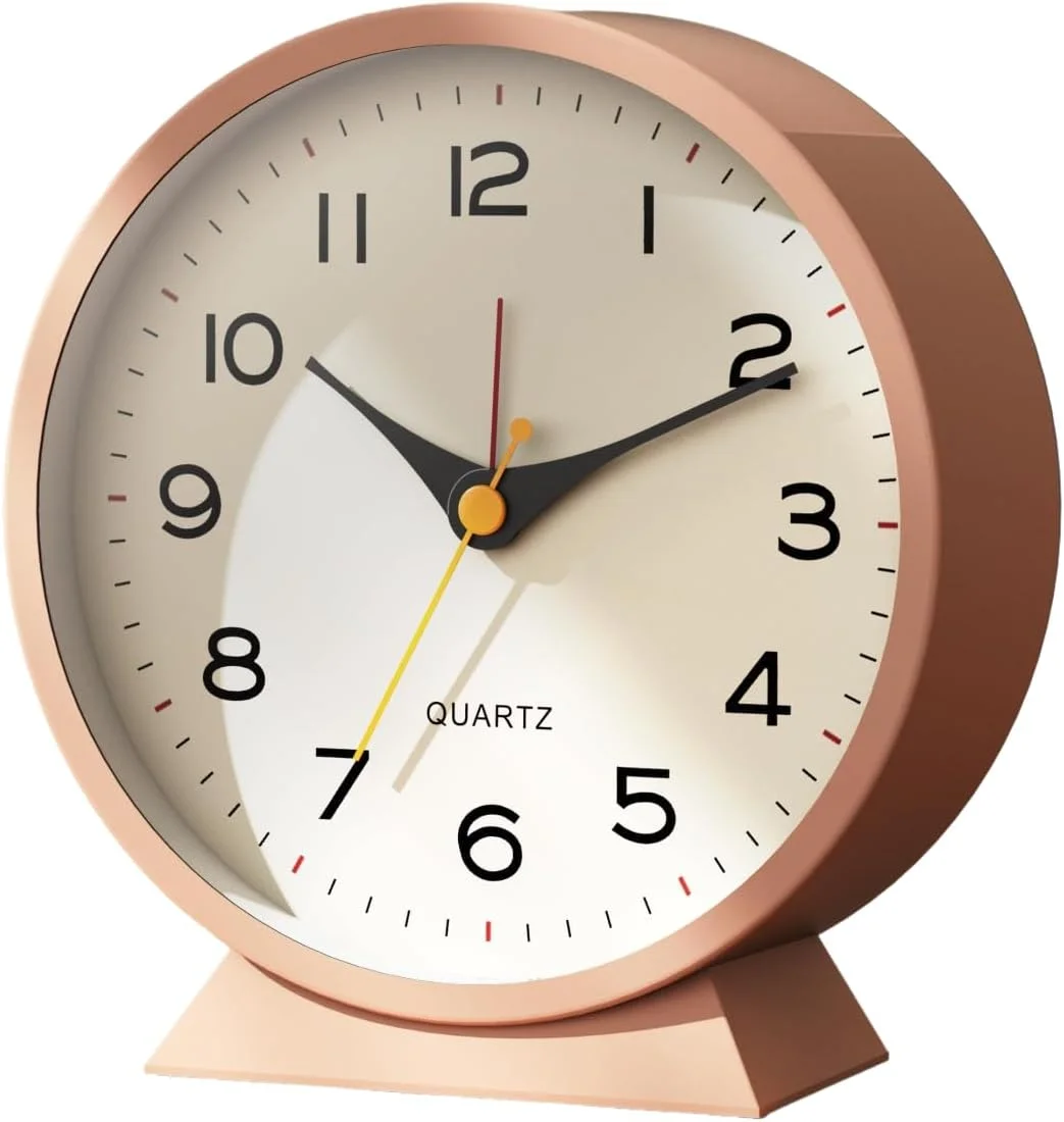 ساعت رومیزی خزنه، ساعت رومیزی مسافرتی، ساعت پایه اتاق خواب، ساعت رومیزی کوچک رترو، ساعت فلزی بی صدا با نور برای دکور اتاق نشیمن، اتاق خواب، کنار تخت، قفسه (صورتی)