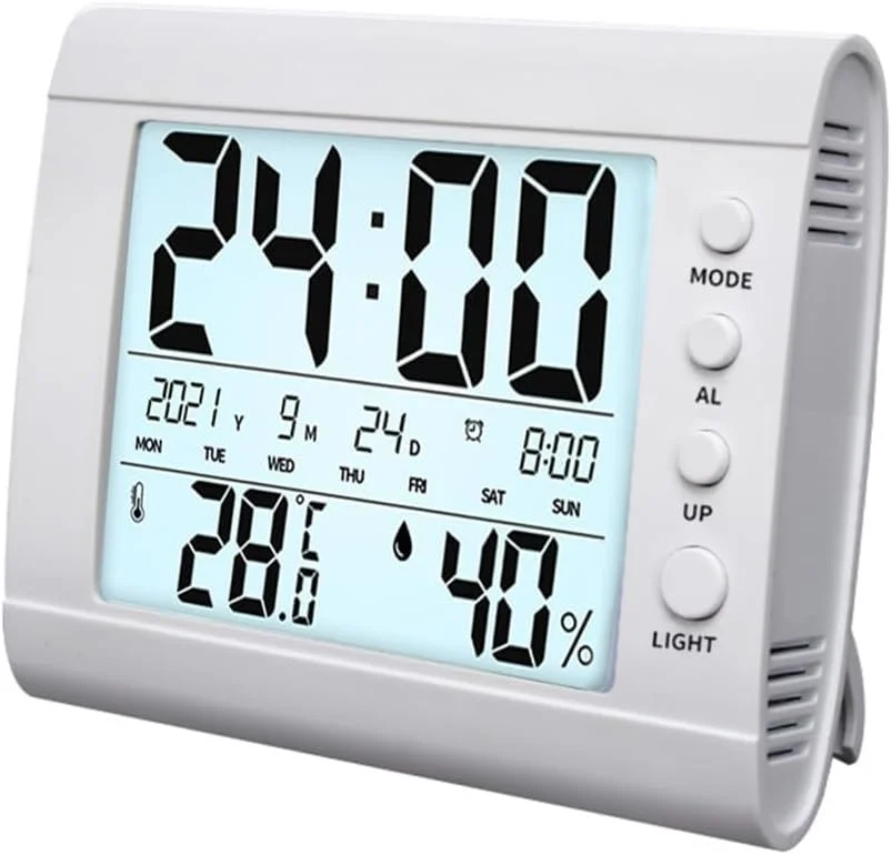 ساعت زنگ دار مسافرتی دیجیتال KASTWAVE، نمایشگر LCD با دما و رطوبت، ویژگی درخشش هوشمند، ساعت قابل حمل برای خانه، اتاق خواب، دفتر