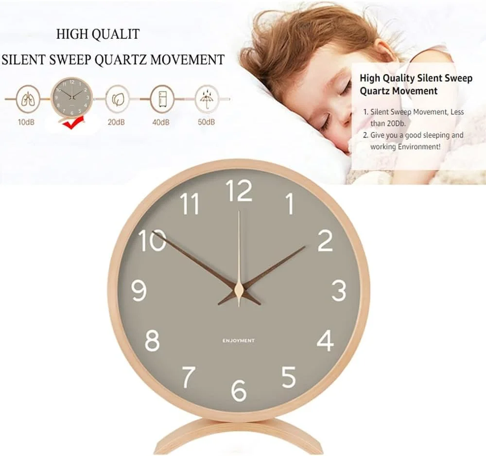 ساعت رومیزی چوبی بی صدای 8 اینچی KASTWAVE، ساعت رومیزی بدون تیک تاک برای دکوراسیون دفتر، اتاق خواب و اتاق نشیمن، ساعت مدرن مینیمالیستی برای خانه و محل کار (خاکستری)