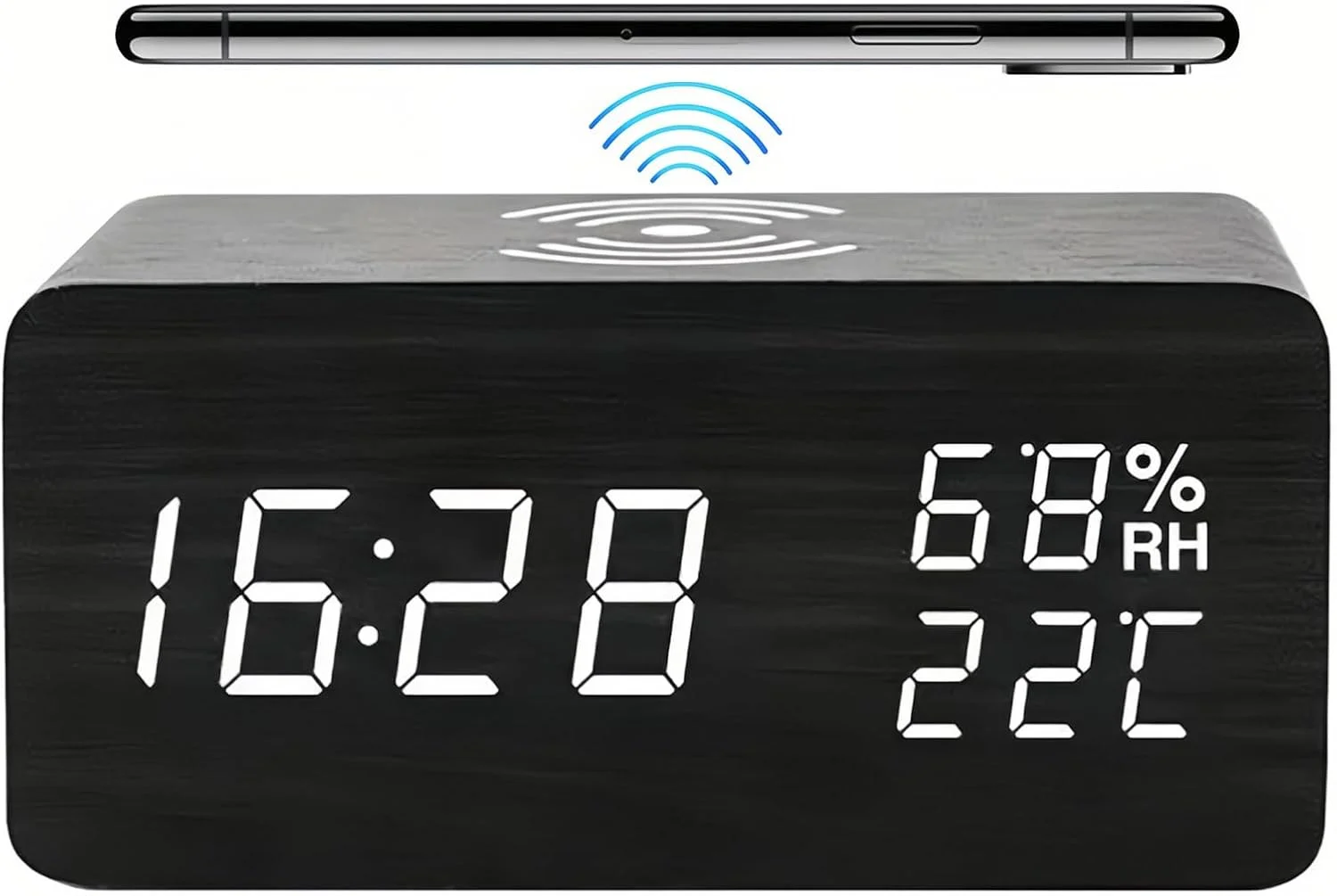 ساعت زنگ دار دیجیتال چوبی Lancoon با نمایشگر LED دما و رطوبت، روشنایی قابل تنظیم و کنترل صدا برای اتاق خواب، منزل و دفتر کار (مشکی)