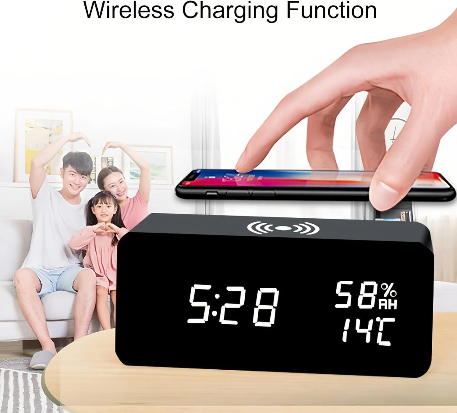 ساعت زنگ دار دیجیتال چوبی Lancoon با نمایشگر LED دما و رطوبت، روشنایی قابل تنظیم و کنترل صدا برای اتاق خواب، خانه و دفتر کار (مشکی)