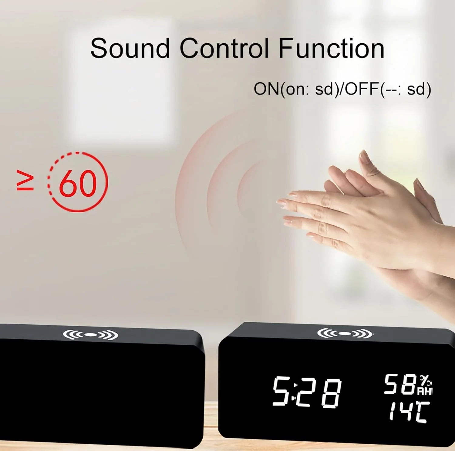 ساعت زنگ دار دیجیتال چوبی Lancoon با نمایشگر LED دما و رطوبت، روشنایی قابل تنظیم و کنترل صدا برای اتاق خواب، خانه و دفتر کار (مشکی)