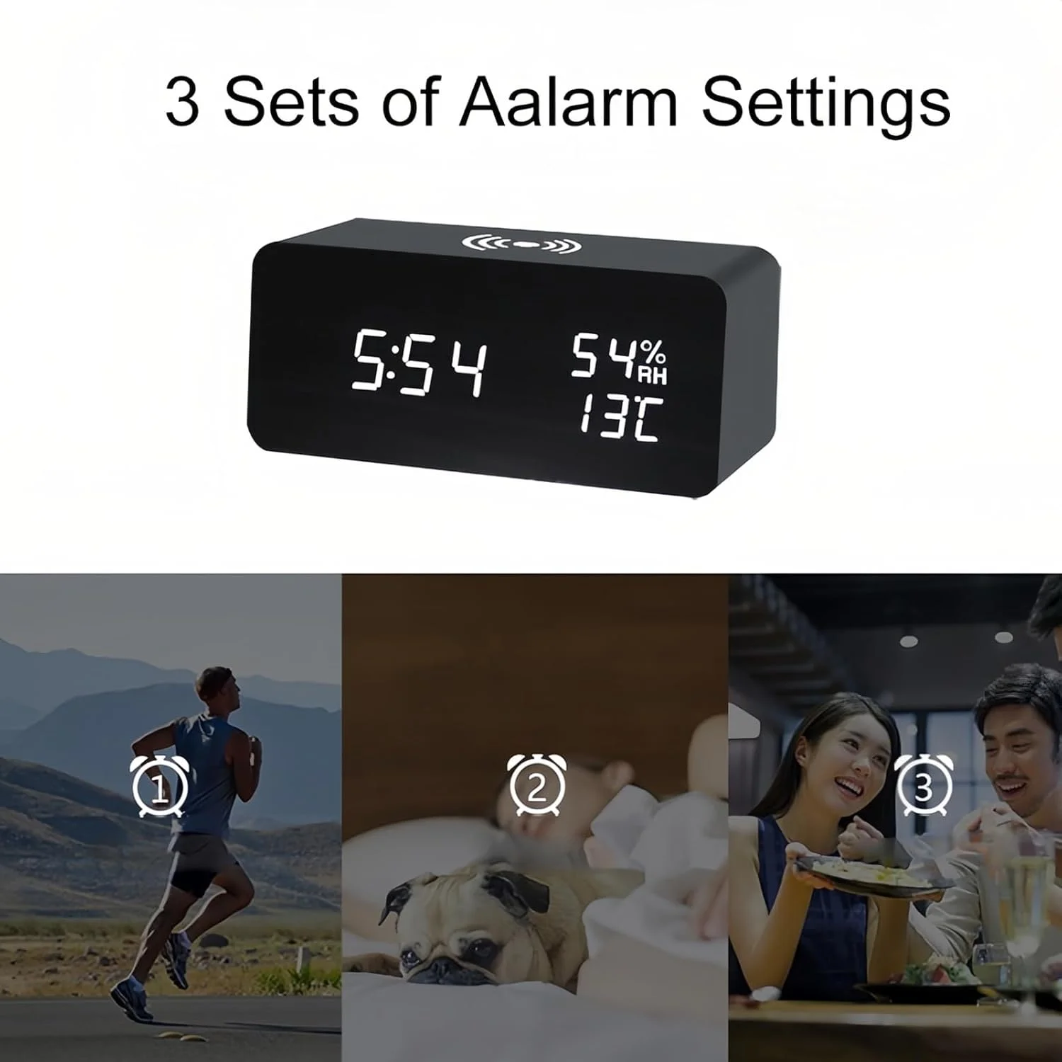 ساعت زنگ دار دیجیتال چوبی Lancoon با نمایشگر LED دما و رطوبت، روشنایی قابل تنظیم و کنترل صدا برای اتاق خواب، خانه و دفتر کار (مشکی)