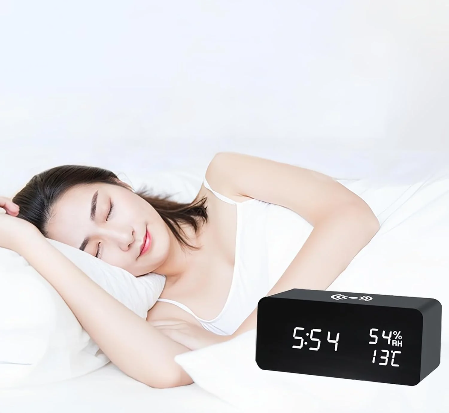 ساعت زنگ دار دیجیتال چوبی Lancoon با نمایشگر LED دما و رطوبت، روشنایی قابل تنظیم و کنترل صدا برای اتاق خواب، خانه و دفتر کار (مشکی)