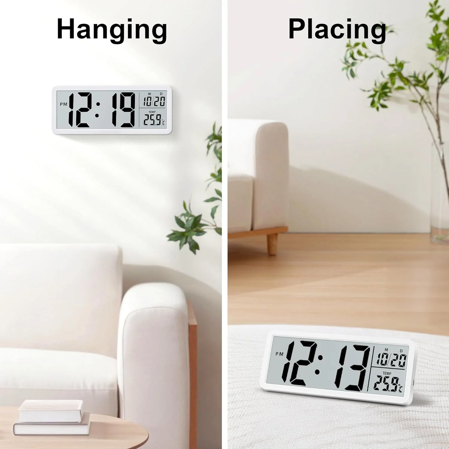 ساعت دیواری دیجیتال 8.5 اینچی Lafocuse، ساعت رومیزی دیجیتال LCD با اعداد بزرگ با نمایش دما، تاریخ، 12/24 ساعته، ساعت دیواری برای اتاق نشیمن، اتاق خواب، دفتر، آشپزخانه، سفید