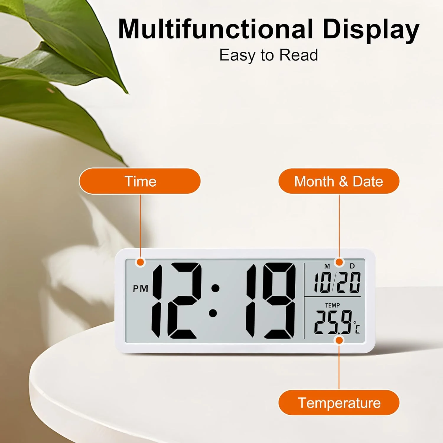 ساعت دیواری دیجیتال 8.5 اینچی Lafocuse، ساعت رومیزی دیجیتال LCD با اعداد بزرگ با نمایش دما، تاریخ، 12/24 ساعته، ساعت دیواری برای اتاق نشیمن، اتاق خواب، دفتر، آشپزخانه، سفید