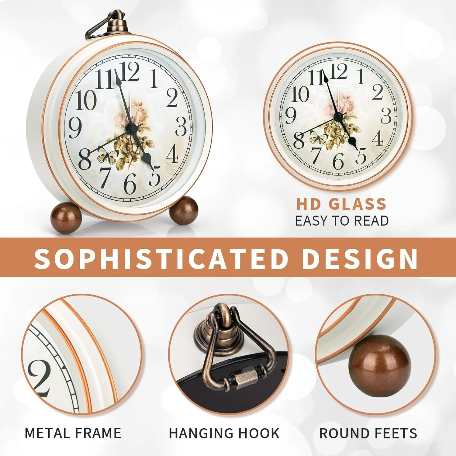ساعت رومیزی رترو مکس‌اسپیس، ساعت زنگ‌دار کلاسیک برای میز اتاق نشیمن، اتاق خواب، بی‌صدا، بدون تیک تاک، 5 اینچی، با باتری کار می‌کند، لنز شیشه‌ای HD، خوانا (رز)