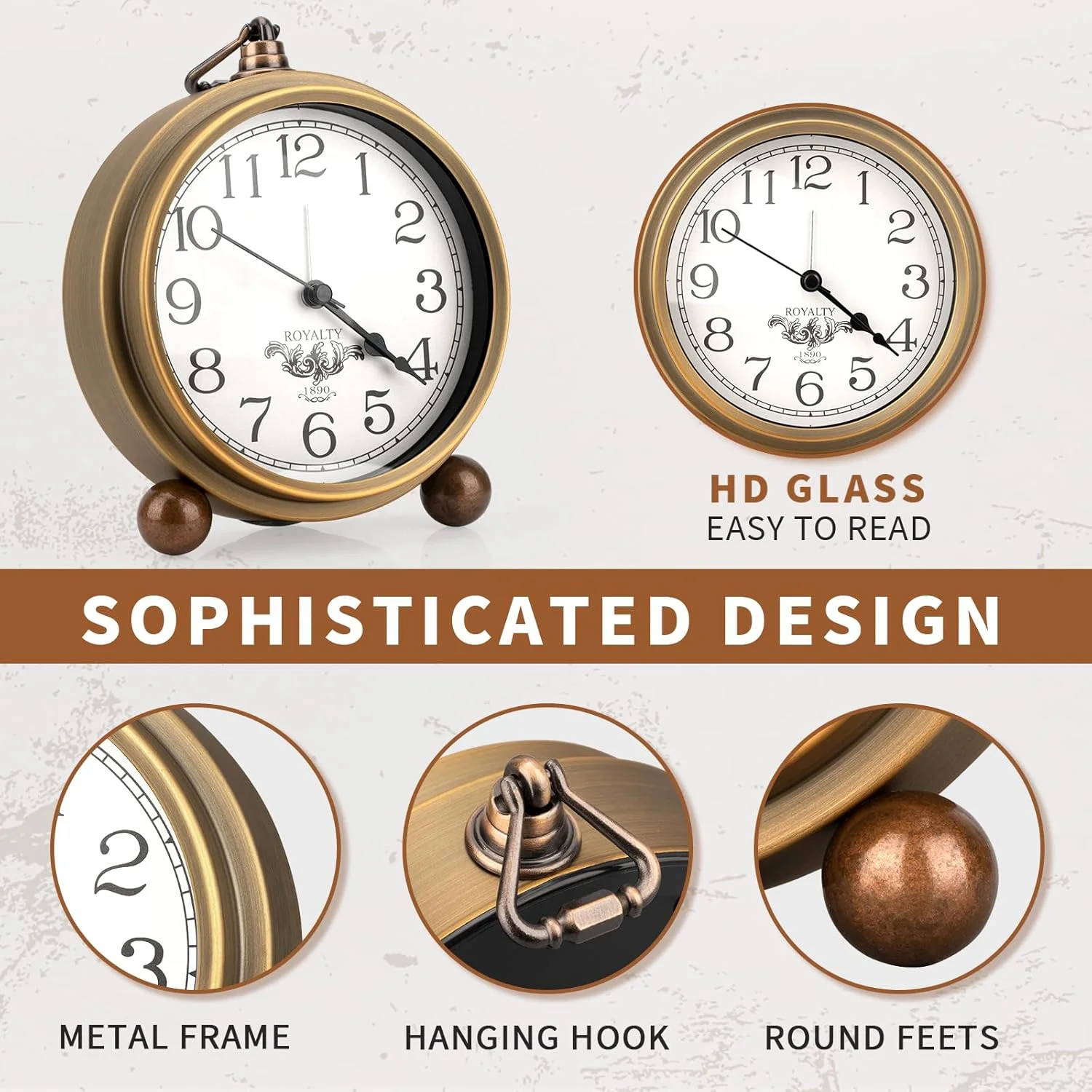 ساعت رومیزی فلزی طلایی مکس‌اسپیس، ساعت زنگ‌دار کوچک بدون صدا با طرح قدیمی، ساعت کوارتز بی‌صدا با باتری و شیشه HD برای دکوراسیون داخلی اتاق خواب، اتاق نشیمن، کودکان (اعداد عربی)…