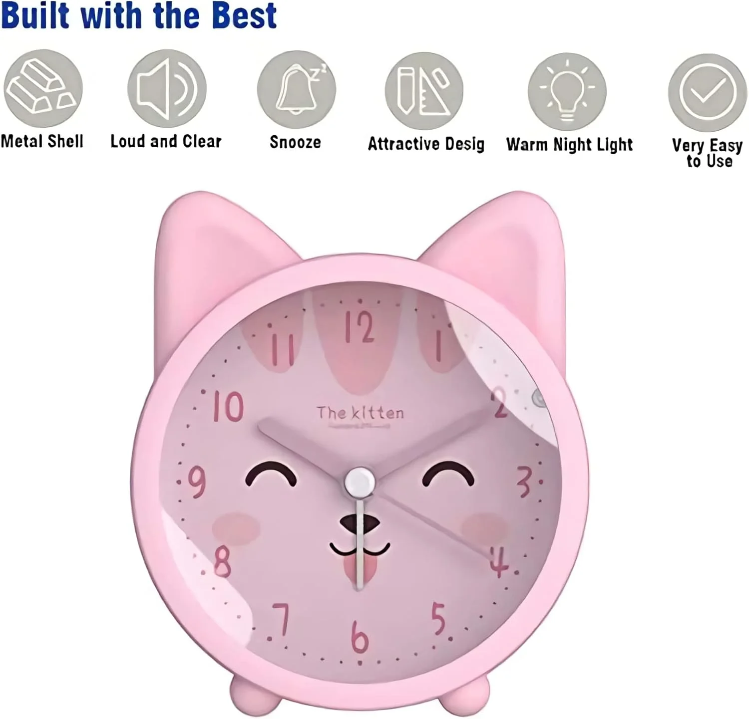 ساعت زنگ دار کودکانه MAKINGTEC، ساعت زنگ دار بی صدای گربه ای حیوانات سیلیکونی زیبا، بدون صدای تیک تاک با چراغ خواب برای میز کنار تخت کودکان (صورتی)