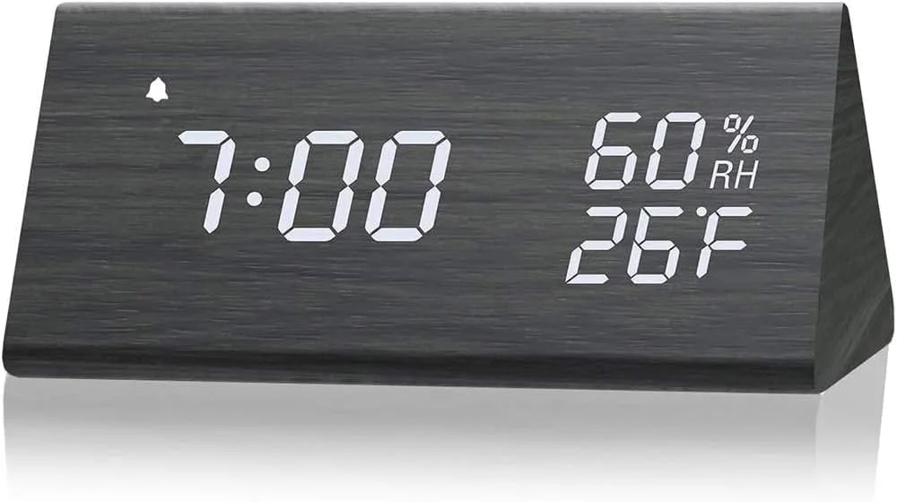 ساعت زنگ دار چوبی دیجیتال NALACAL با نمایشگر LED، تشخیص رطوبت و دما، 3 تنظیم زنگ هشدار و 3 سطح روشنایی، ساعت برقی برای میز اتاق خواب، چوب مشکی ساعت زنگ دار چوبی دیجیتال NALACAL با نمایشگر LED، تشخیص رطوبت و دما، 3 تنظیم زنگ هشدار و 3 سطح روشنایی، ساعت برقی برای میز اتاق خواب، چوب مشکی