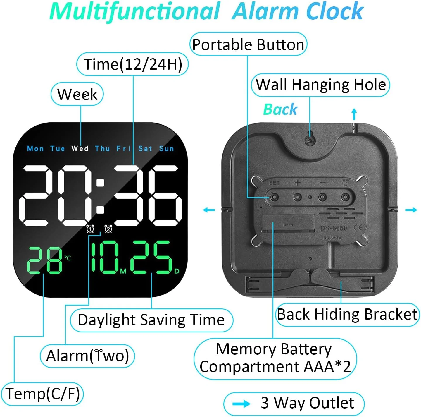 ساعت دیواری دیجیتال Necomi، ساعت دیجیتال LED نه اینچی با کنترل از راه دور برای دکوراسیون اتاق نشیمن، هفته/تاریخ/دما در 3 رنگ، روشنایی خودکار، ایستاده و آویزان