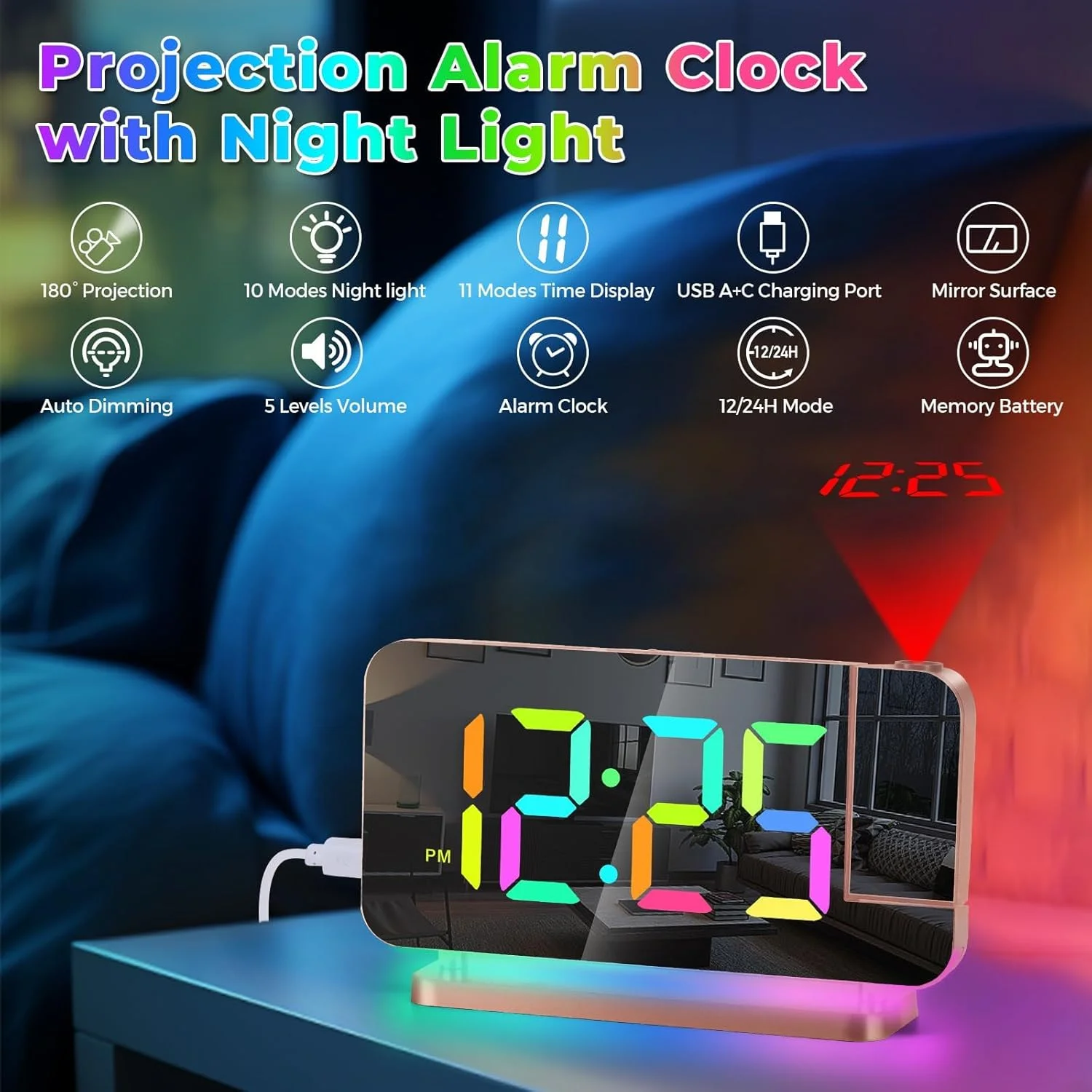 ساعت زنگ دار پروژکتوری NALACAL، ساعت دیجیتال آینه ای LED 7.4 اینچی با قابلیت نمایش روی سقف و دیوار، دارای چراغ خواب RGB، پورت شارژ USB C، تنظیم نور خودکار، ساعت رومیزی مدرن برای دکور اتاق خواب - رزگلد