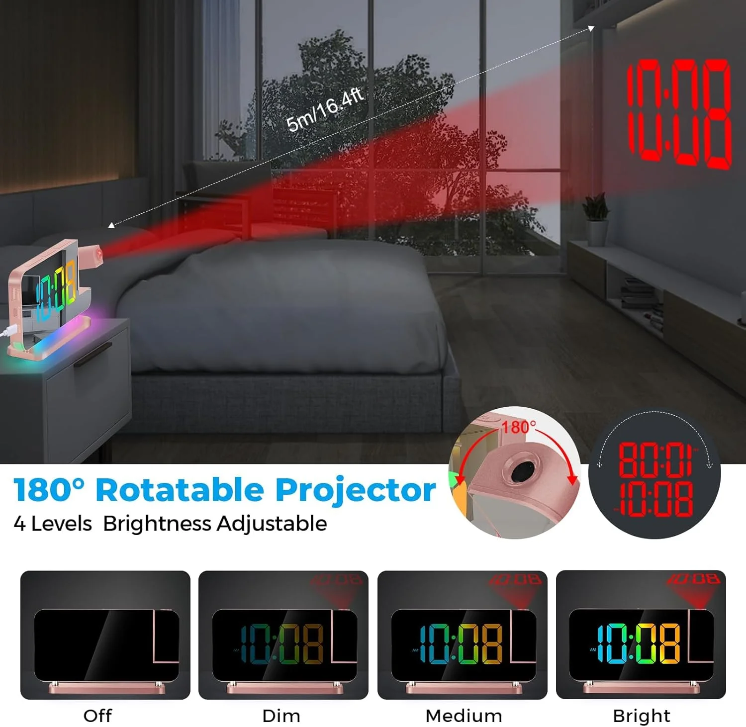 ساعت زنگ دار پروژکتوری NALACAL، ساعت دیجیتال آینه ای LED 7.4 اینچی با قابلیت نمایش روی سقف و دیوار، دارای چراغ خواب RGB، پورت شارژ USB C، تنظیم نور خودکار، ساعت رومیزی مدرن برای دکور اتاق خواب - رزگلد