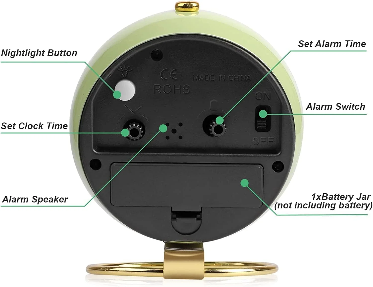 ساعت رومیزی با باتری، دارای چراغ، بدون صدای تیک تاک، ساعت کوچک برای کنار تخت/اتاق خواب/اتاق نشیمن/دفتر/مسافرت/کودکان/دکوراسیون اتاق، طرح قدیمی زیبا (سبز)