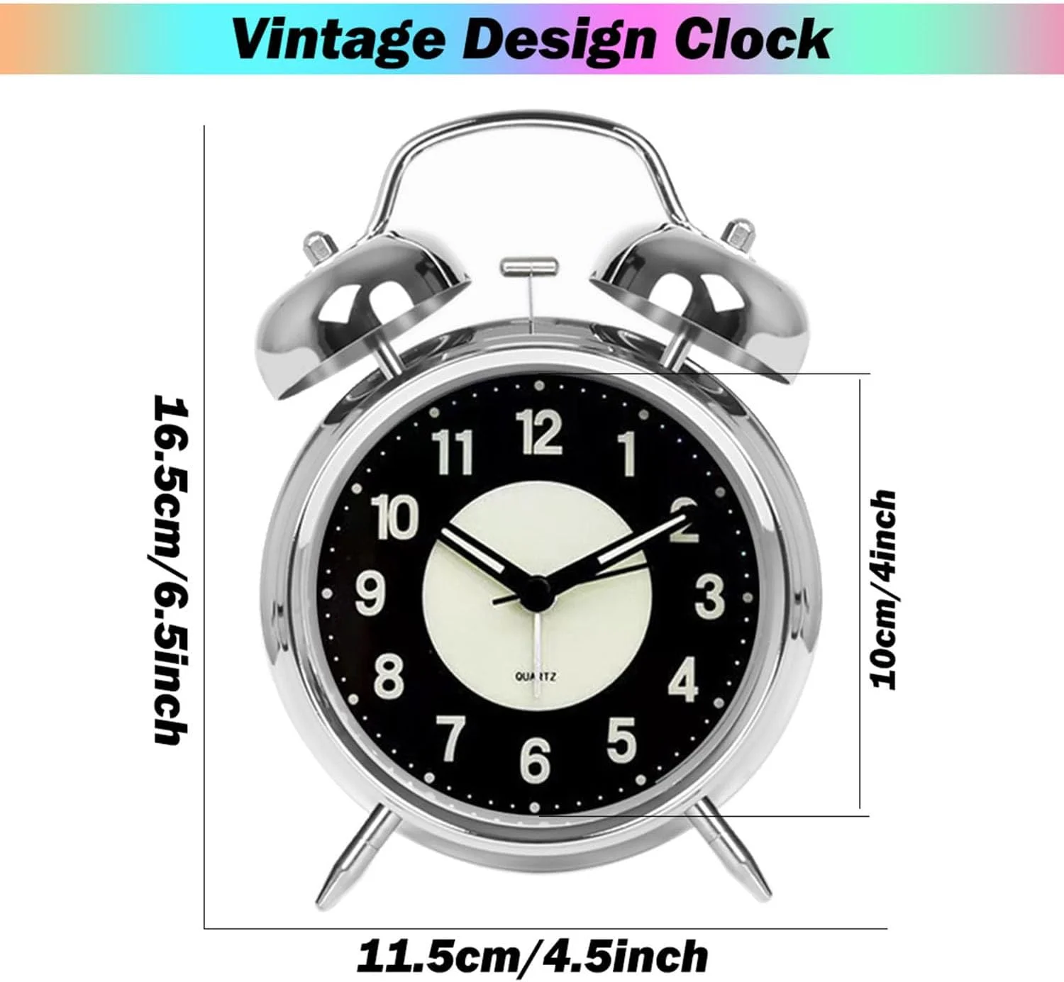 ساعت زنگ دار، ساعت رومیزی دوقلو با صدای بلند، با باتری، 4 اینچی، بی صدا، با نور پس زمینه، صفحه نمایش درخشان، ساعت دکوری برای اتاق خواب/دفتر/مدرسه/خانه، ساعت قدیمی - نقره ای