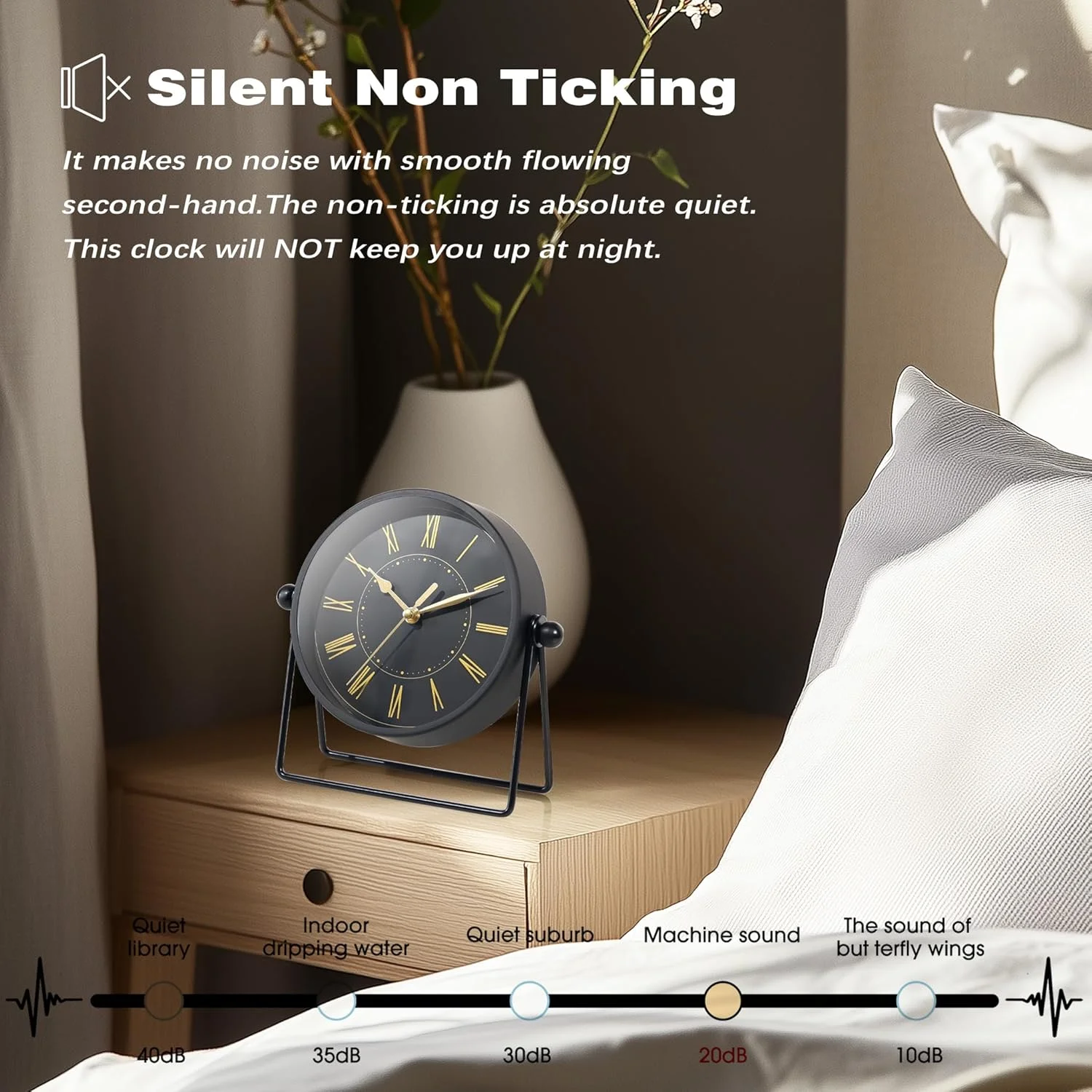 ساعت رومیزی فلزی مشکی AYRELY، ساعت های شومینه ای با باتری، ساعت های تزئینی با زاویه قابل تنظیم برای دکور اتاق نشیمن (مشکی/طلایی)