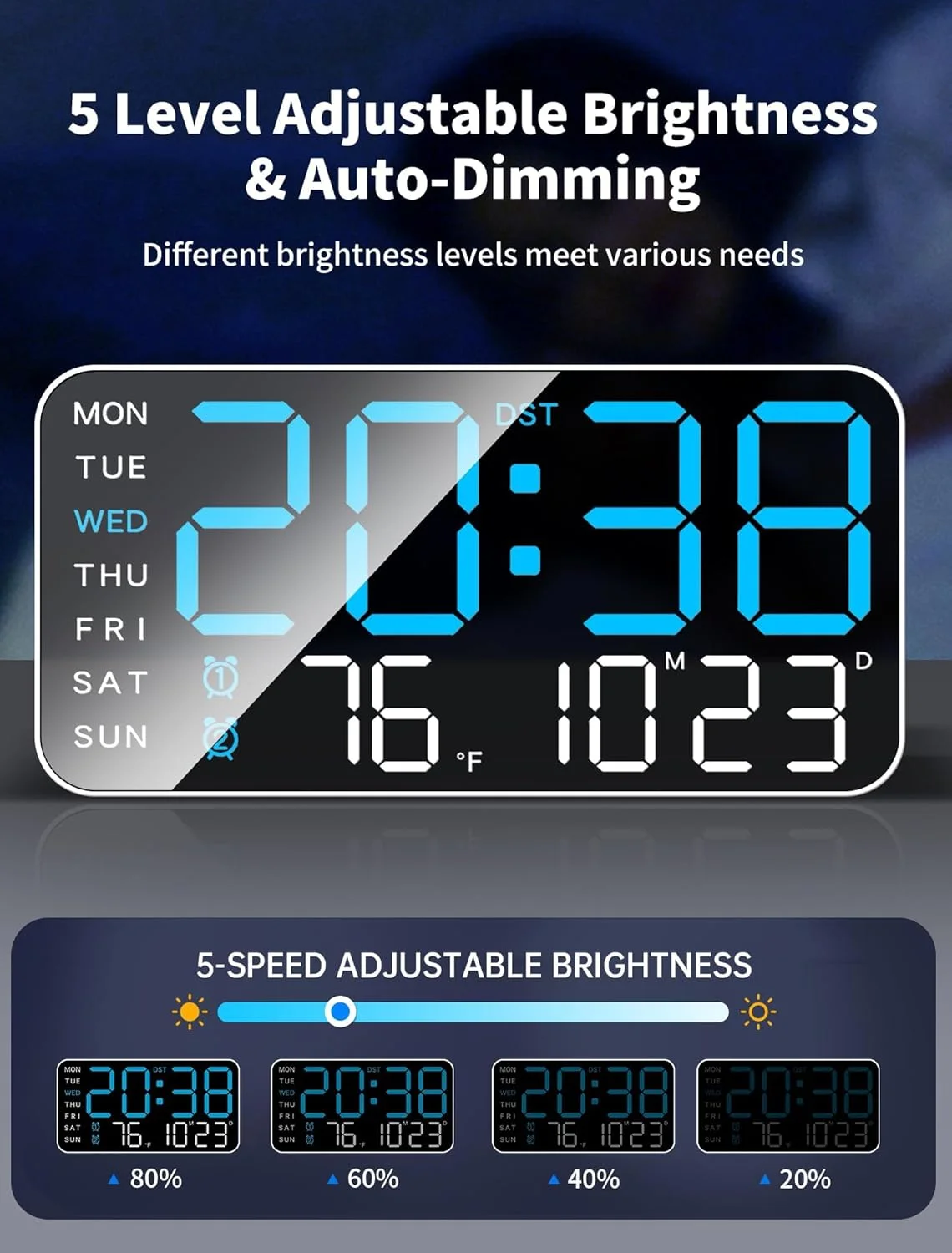 ساعت دیواری دیجیتال بزرگ 8.4 اینچی Ofrdncy، ساعت زنگ دار LED با اعداد بزرگ، تاریخ، دما، DST، طراحی دکور مدرن برای میز، 5 سطح روشنایی برای اتاق، اتاق خواب، هدیه، جوانان و سالمندان ساعت دیواری دیجیتال بزرگ 8.4 اینچی Ofrdncy، ساعت زنگ دار LED با اعداد بزرگ، تاریخ، دما، DST، طراحی دکور مدرن برای میز، 5 سطح روشنایی برای اتاق، اتاق خواب، هدیه، جوانان و سالمندان