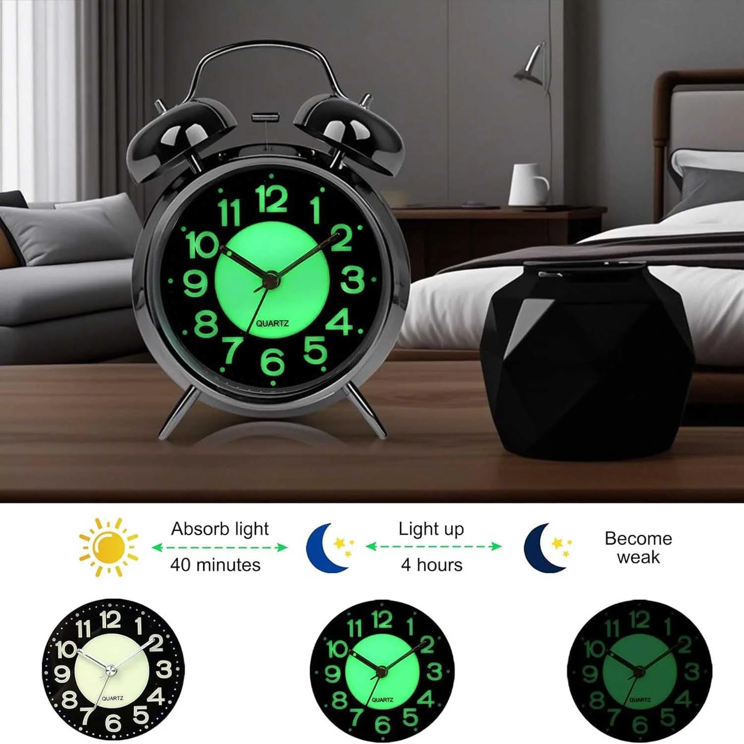 ساعت زنگ دار، ساعت رومیزی دوقلو با صدای بلند، با باتری، 4 اینچی، بی صدا، با نور پس زمینه، صفحه نمایش درخشان، ساعت دکوری برای اتاق خواب/دفتر/مدرسه/خانه، ساعت قدیمی - نقره ای