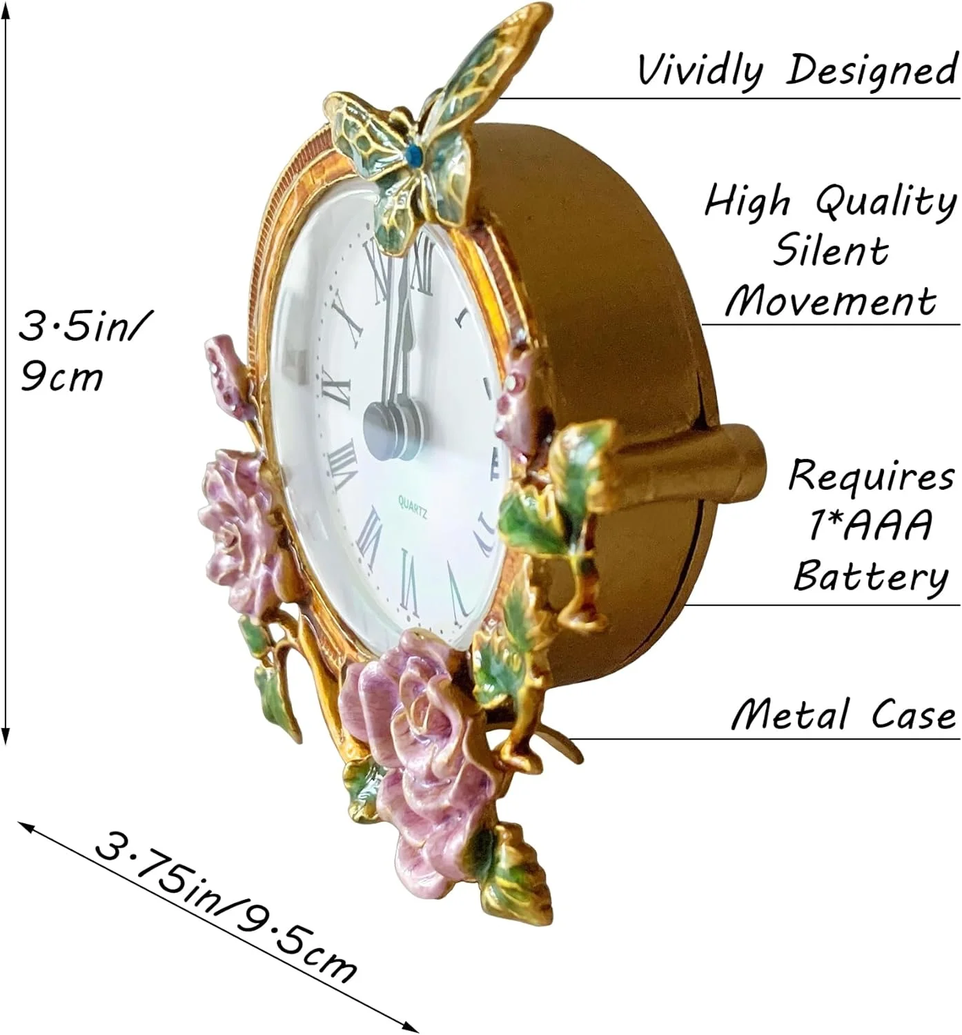 ساعت رومیزی آنالوگ کوچک و بی صدای Pasiir با بدنه فلزی نقاشی شده با دست و موتور بدون صدا با باتری، مناسب برای قفسه، اتاق خواب، کنار تخت، میز، ساعت هدیه