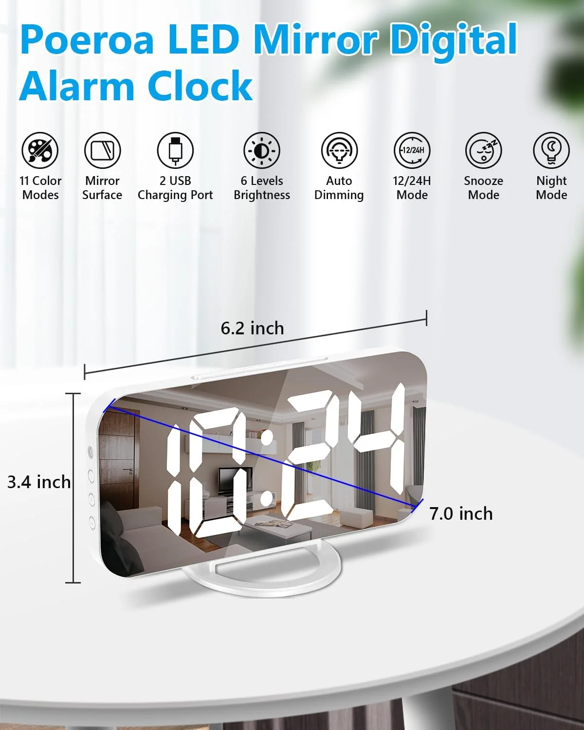 ساعت زنگ دار دیجیتال Poeroa، ساعت الکترونیکی آینه ای LED 7 اینچی، با 2 پورت شارژ USB، حالت تعویق، تنظیم خودکار روشنایی، ساعت دیواری رومیزی مدرن برای اتاق خواب، اتاق نشیمن، دفتر کار - سفید
