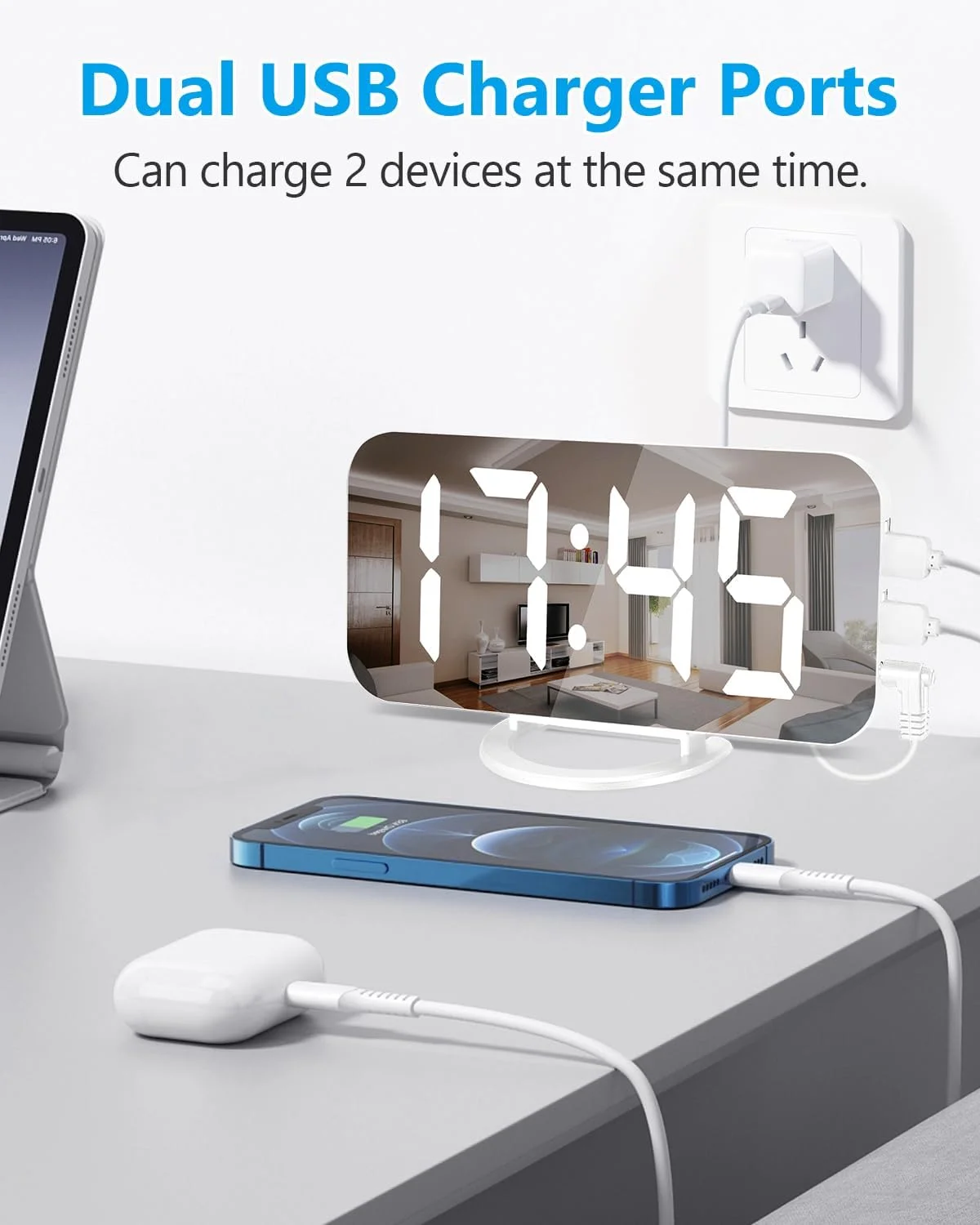 ساعت زنگ دار دیجیتال Poeroa، ساعت الکترونیکی آینه ای LED 7 اینچی، با 2 پورت شارژ USB، حالت تعویق، تنظیم خودکار روشنایی، ساعت دیواری رومیزی مدرن برای اتاق خواب، اتاق نشیمن، دفتر کار - سفید