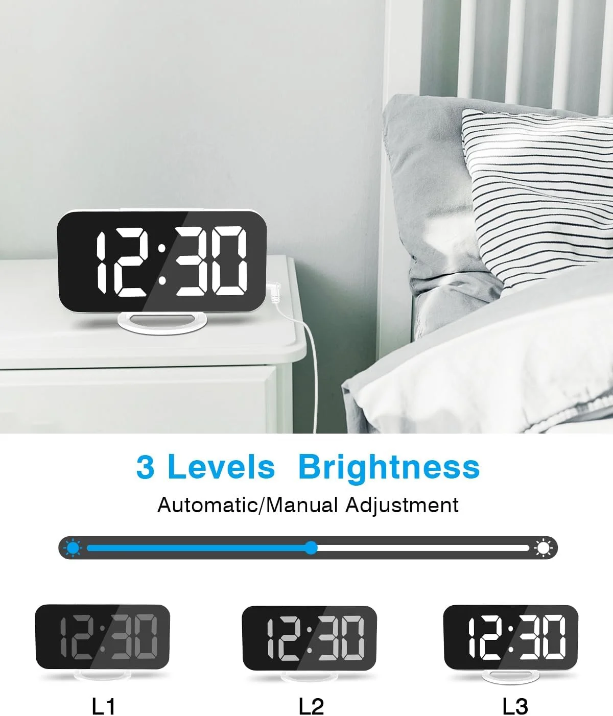 ساعت زنگ دار دیجیتال Poeroa، ساعت الکترونیکی آینه ای LED 7 اینچی، با 2 پورت شارژ USB، حالت تعویق، تنظیم خودکار روشنایی، ساعت دیواری رومیزی مدرن برای اتاق خواب، اتاق نشیمن، دفتر کار - سفید