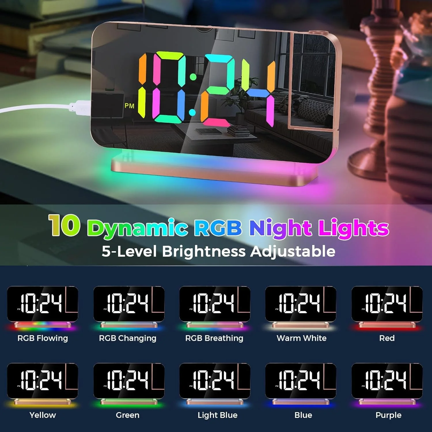 ساعت زنگ دار پروژکتوری با صفحه نمایش آینه ای LED 7.4 اینچی، نمایش زمان روی سقف یا دیوار، نور شب RGB، درگاه شارژ USB-C، کم نور شدن خودکار، ساعت رومیزی دیجیتال مدرن، ایده آل برای دکور اتاق خواب، طلایی رز