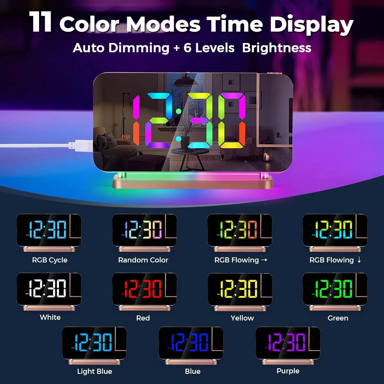 ساعت زنگ دار پروژکتوری با صفحه نمایش آینه ای LED 7.4 اینچی، نمایش زمان روی سقف یا دیوار، نور شب RGB، درگاه شارژ USB-C، کم نور شدن خودکار، ساعت رومیزی دیجیتال مدرن، ایده آل برای دکور اتاق خواب، طلایی رز