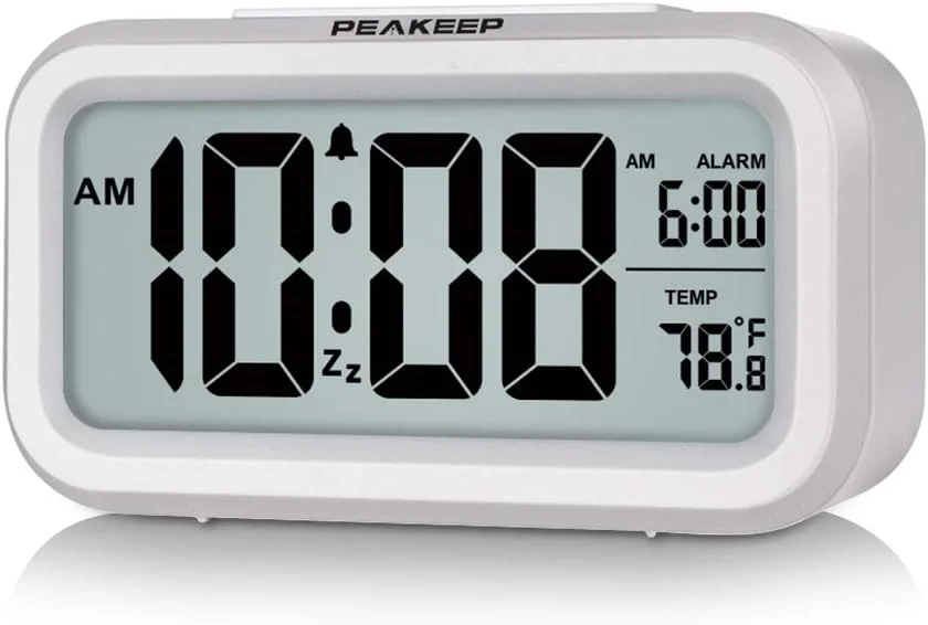ساعت زنگ دار دیجیتال با نور شب پیک‌کیپ، باطری خور، با نمایش دمای داخلی، ساعت کوچک رومیزی (سفید)