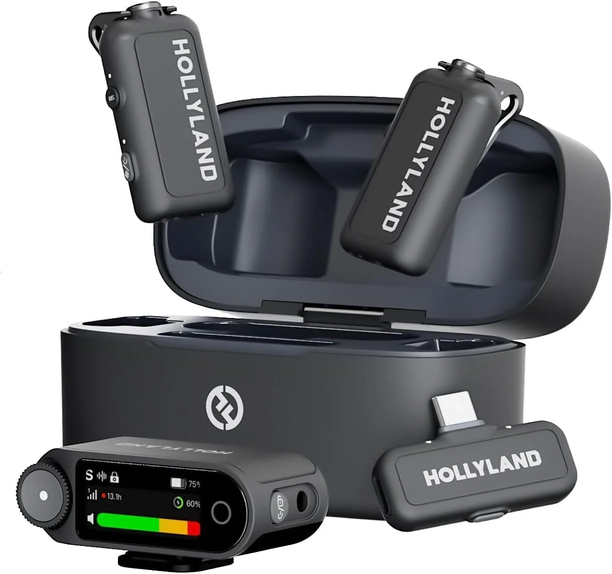 میکروفون یقه ای بی سیم Hollyland LARK MAX 2 Combo، حذف نویز هوش مصنوعی، صدای 32 بیتی، برد 340 متری، میکروفون برای آیفون، اندروید، دوربین، (2TX + 2RX + جعبه شارژ)