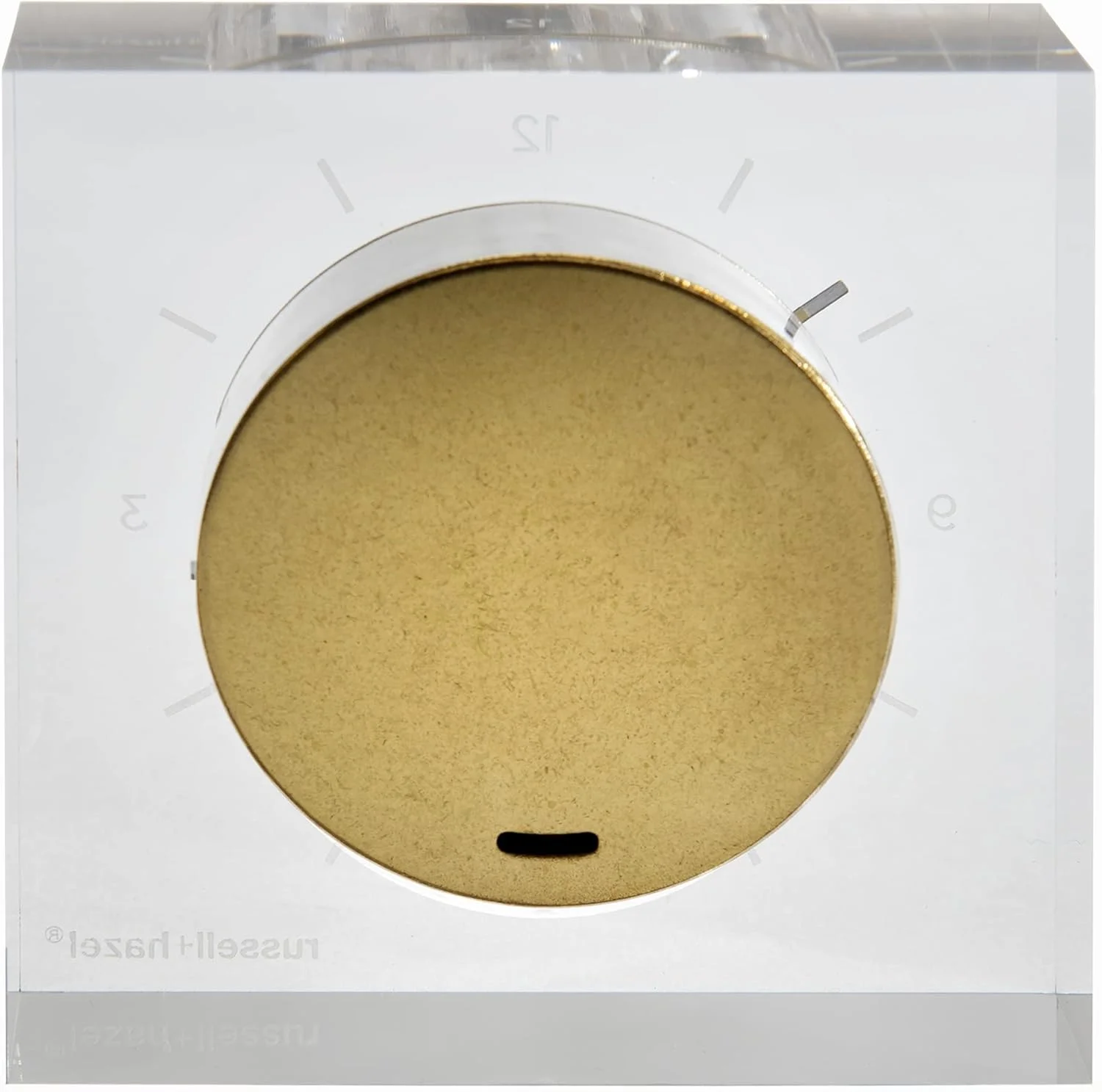 ساعت رومیزی اکریلیک و طلایی راسل+هزل، 10.16 سانتی متر عرض × 10.16 سانتی متر طول × 3.17 سانتی متر عمق، دکوراسیون شیک منزل و دکوراسیون اداری، صفحه حکاکی شده با برنج طلایی رنگ، دکور قفسه جمع و جور برای فضاهای مجلل، 1 عدد (105521)