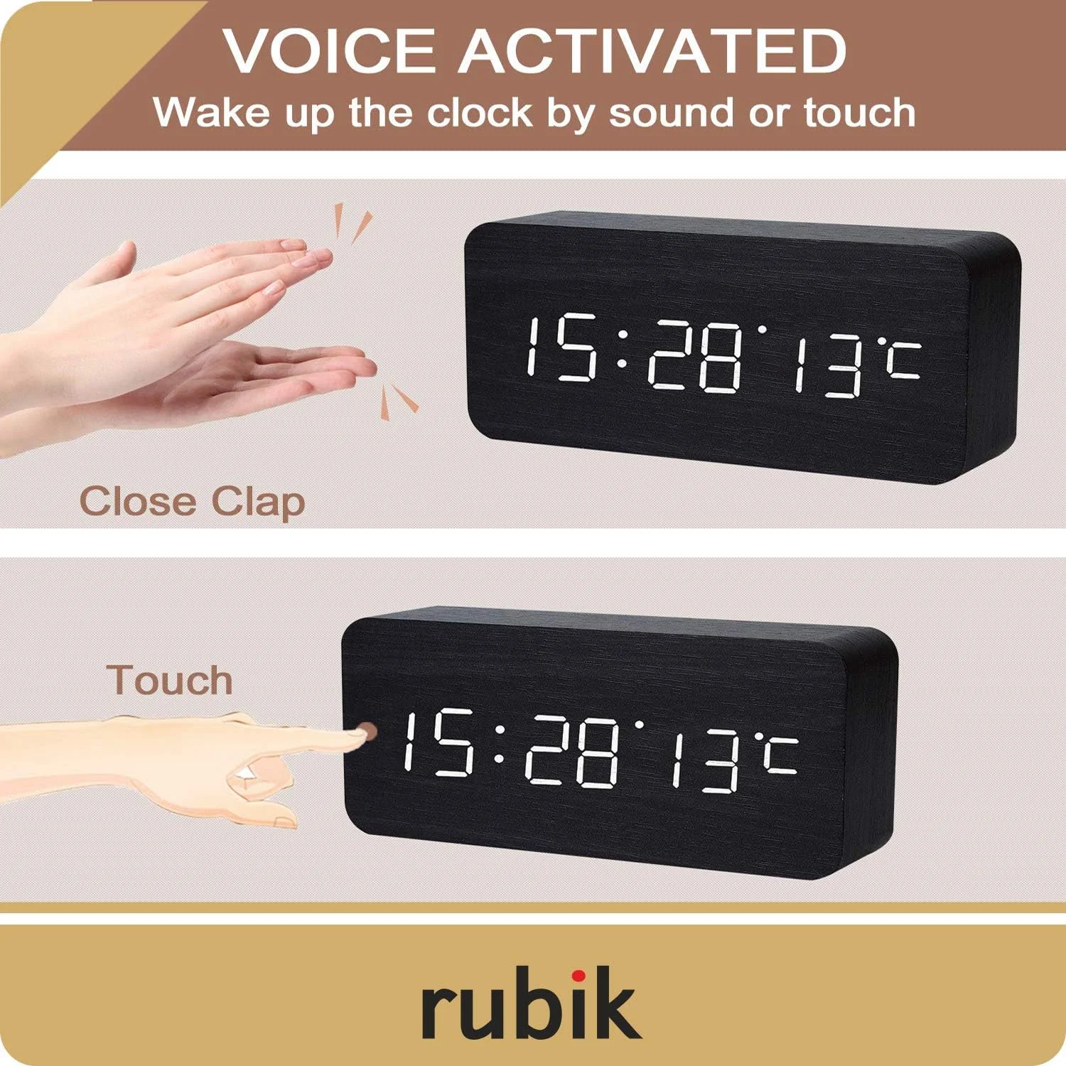 ساعت زنگ دار دیجیتال چوبی روبیک، ساعت زنگ دار چوبی LED با روشنایی قابل تنظیم، کنترل صوتی، ساعت رومیزی چوبی با تاریخ/دما و منبع تغذیه USB/باتری برای خانه، دفتر، کودکان، سیاه و سفید
