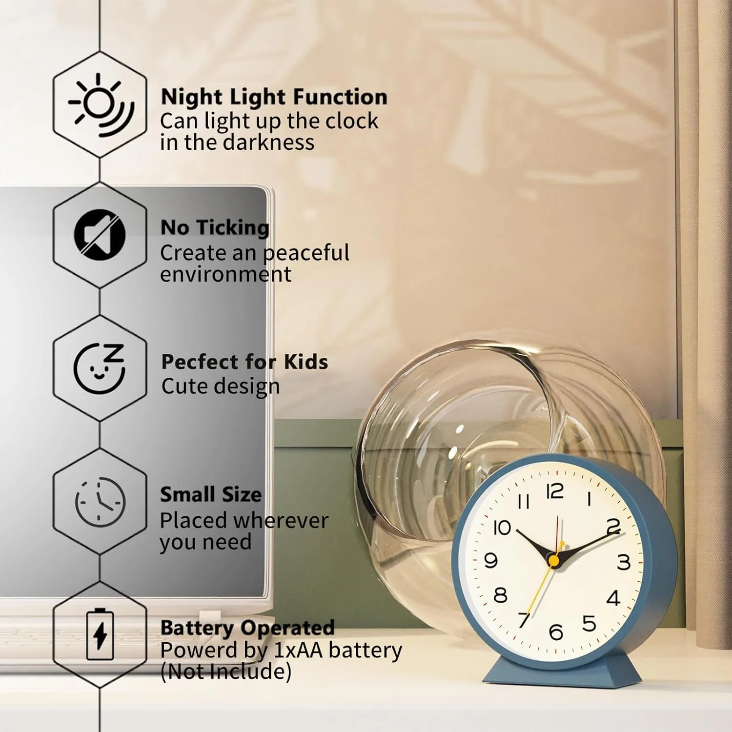 ساعت زنگ دار آنالوگ ROUNY، بدون صدا، ساعت رومیزی کوچک یکپارچهسازی با سیستمعامل، ساعت فلزی کوارتز با نور برای خانه/مدرسه/دفتر (آبی) ساعت زنگ دار آنالوگ ROUNY، بدون صدا، ساعت رومیزی کوچک یکپارچهسازی با سیستمعامل، ساعت فلزی کوارتز با نور برای خانه/مدرسه/دفتر (آبی)