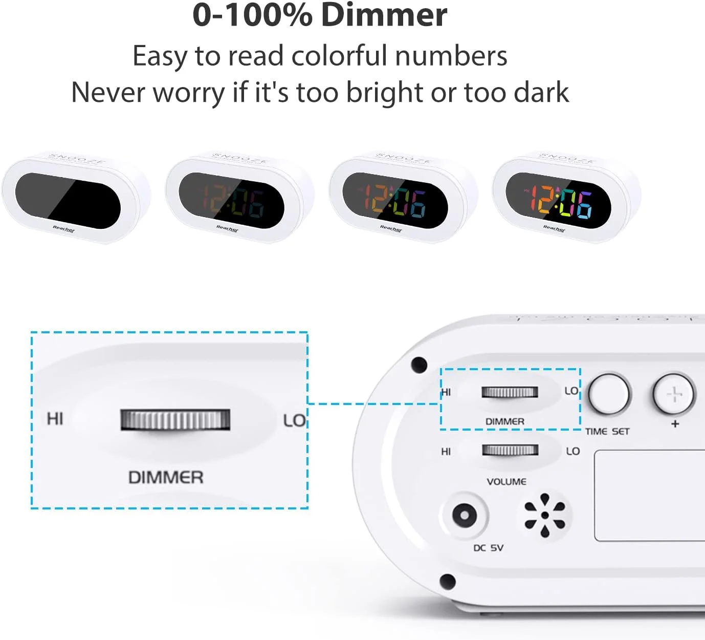 ساعت زنگ دار دیجیتال LED رنگی کوچک ریچر، با قابلیت تعویق، کاربری آسان، تنظیم نور کامل، تنظیم میزان صدای زنگ، ساعت جمع و جور با خروجی برای اتاق خواب، کنار تخت، میز، قفسه