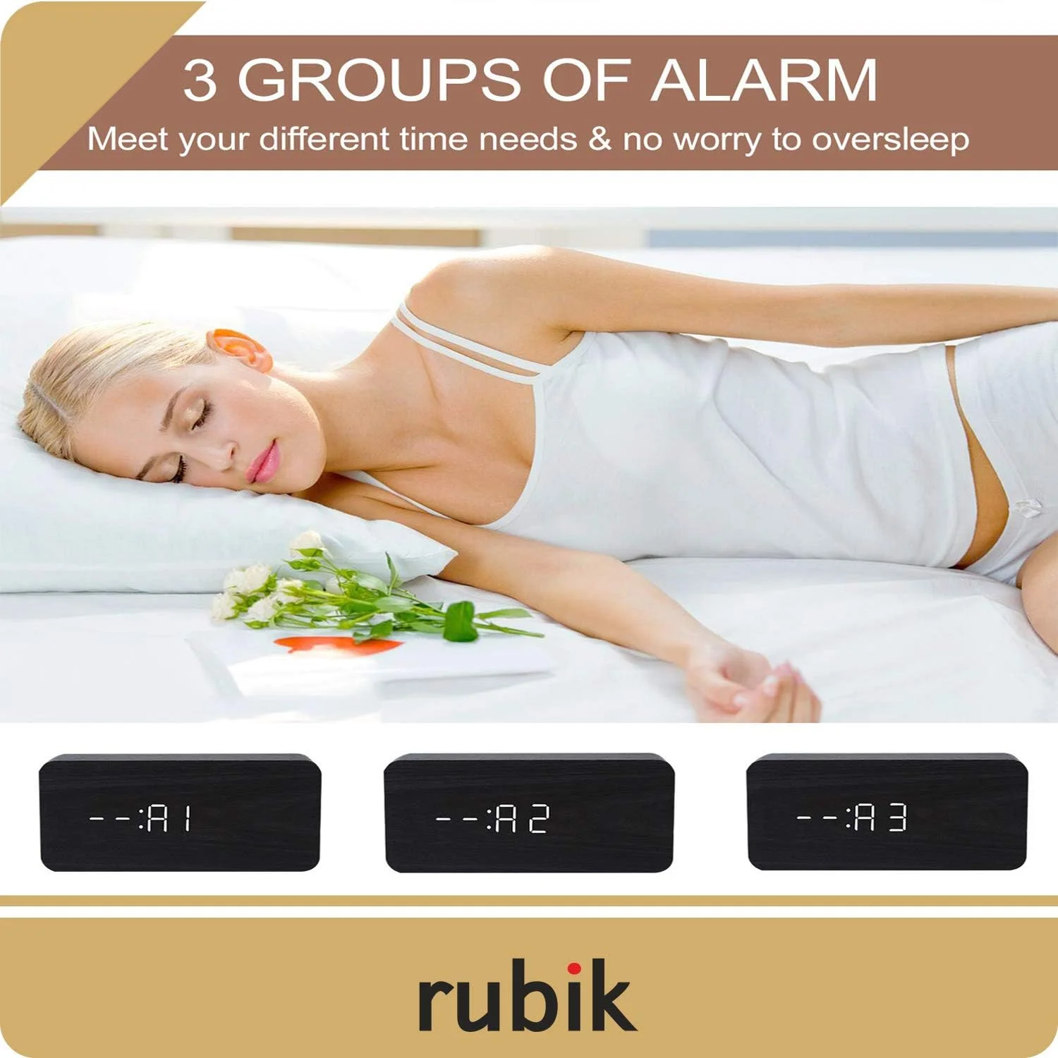 ساعت زنگ دار دیجیتال چوبی روبیک، ساعت زنگ دار چوبی LED با روشنایی قابل تنظیم، کنترل صوتی، ساعت رومیزی چوبی با تاریخ/دما و منبع تغذیه USB/باتری برای خانه، دفتر، کودکان، سیاه و سفید