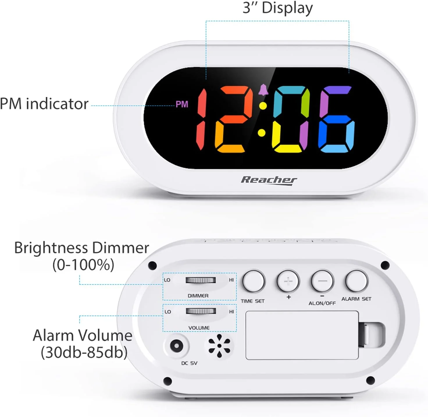 ساعت زنگ دار دیجیتال LED رنگی کوچک ریچر، با قابلیت تعویق، کاربری آسان، تنظیم نور کامل، تنظیم میزان صدای زنگ، ساعت جمع و جور با خروجی برای اتاق خواب، کنار تخت، میز، قفسه