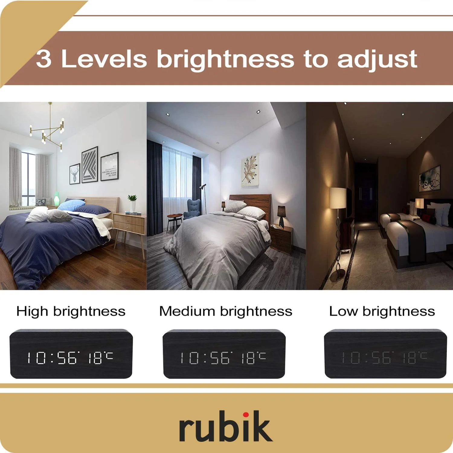 ساعت زنگ دار دیجیتال چوبی روبیک، ساعت زنگ دار چوبی LED با روشنایی قابل تنظیم، کنترل صوتی، ساعت رومیزی چوبی با تاریخ/دما و منبع تغذیه USB/باتری برای خانه، دفتر، کودکان، سیاه و سفید