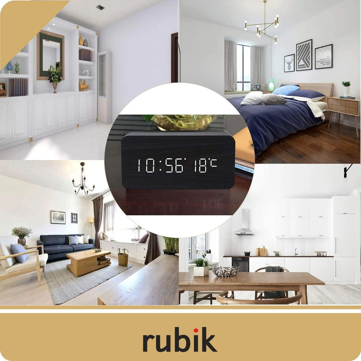 ساعت زنگ دار دیجیتال چوبی روبیک، ساعت زنگ دار چوبی LED با روشنایی قابل تنظیم، کنترل صوتی، ساعت رومیزی چوبی با تاریخ/دما و منبع تغذیه USB/باتری برای خانه، دفتر، کودکان، سیاه و سفید