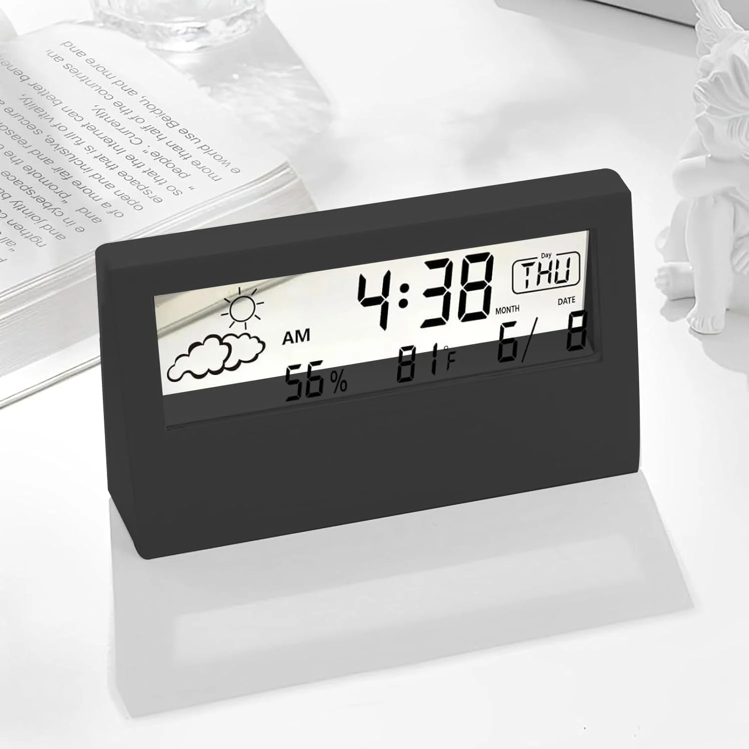 ساعت رومیزی دیجیتال Pumbombom، پنل شفاف، طراحی مدرن، دما، رطوبت، حالت تعویق، دکوراسیون زیبا برای خانه و محل کار، ساعت باتری خور برای دفتر، اتاق نشیمن، قفسه، اتاق خواب (مشکی)