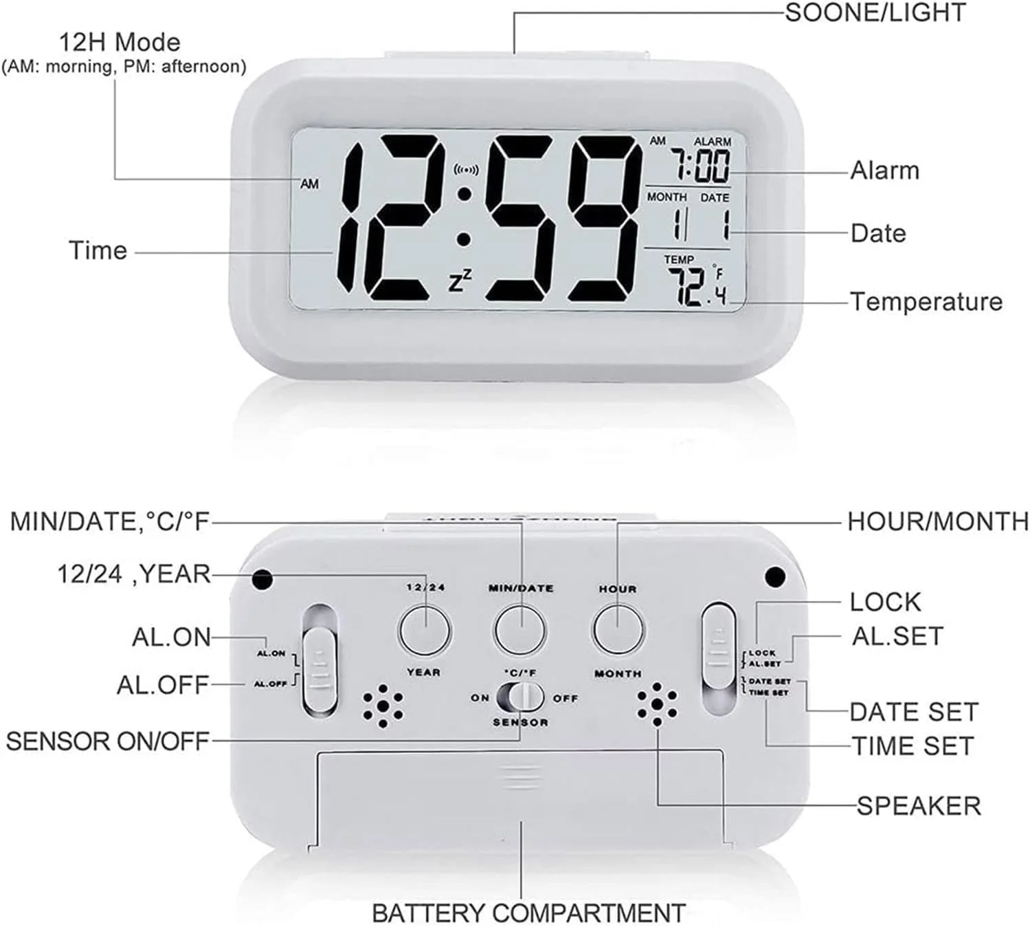 ساعت زنگ دار دیجیتال Qniceone، ساعت های دیجیتال با باتری با تاریخ، زنگ هشدار دیجیتال برای اتاق خواب، ساعت رومیزی هوشمند داخلی، ساعت های کنار تختی ساده، ساعت رومیزی الکترونیکی برای اتاق کودکان (سفید) ساعت زنگ دار دیجیتال Qniceone، ساعت های دیجیتال با باتری با تاریخ، زنگ هشدار دیجیتال برای اتاق خواب، ساعت رومیزی هوشمند داخلی، ساعت های کنار تختی ساده، ساعت رومیزی الکترونیکی برای اتاق کودکان (سفید)