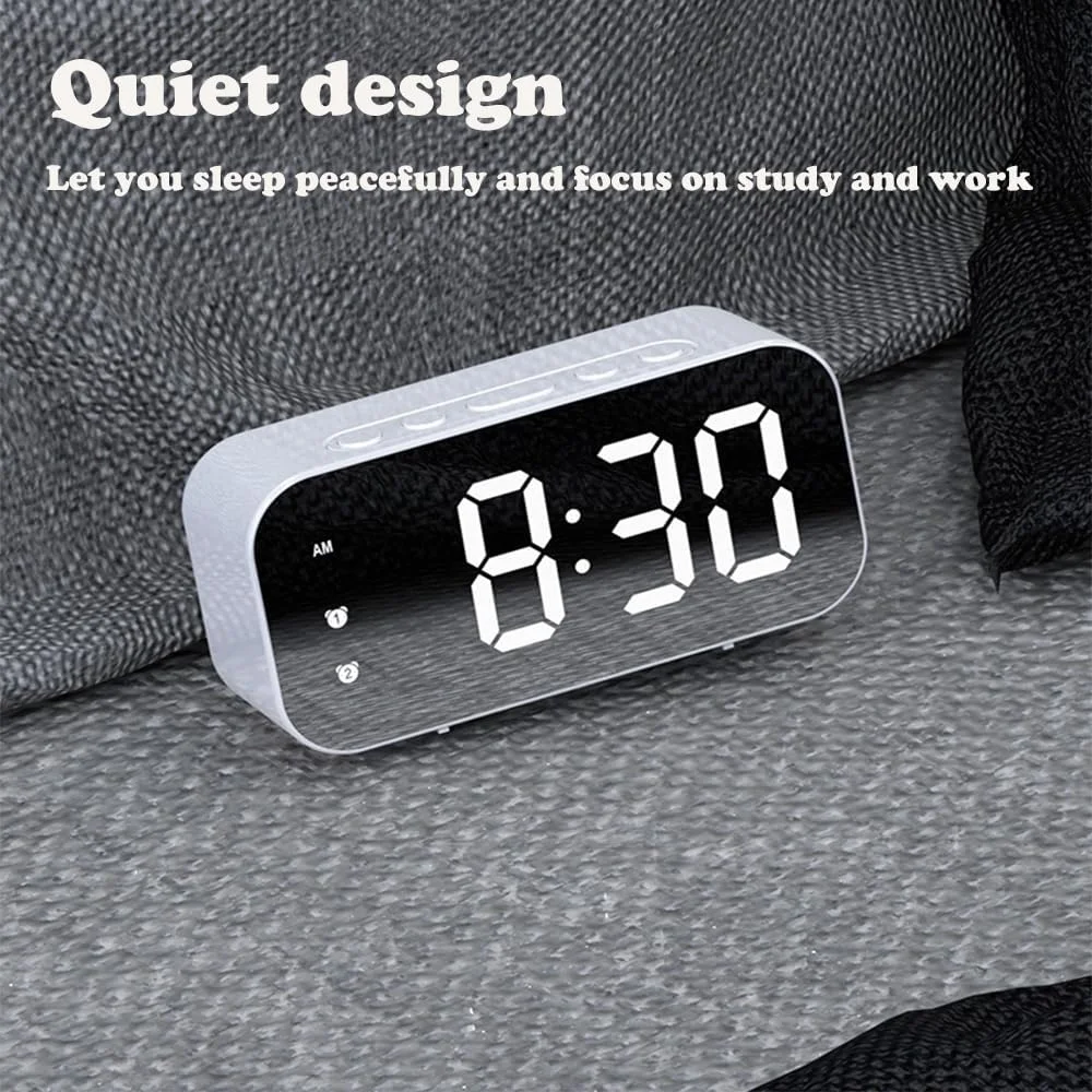 ساعت زنگ دار دیجیتال ساده، ساعت زنگ دار آینه ای، تنظیمات زنگ هشدار دوگانه، روشنایی قابل تنظیم، دوشاخه باتری با قابلیت استفاده دوگانه، دمای داخلی، مناسب برای اتاق خواب، دفتر، آشپزخانه (سفید)