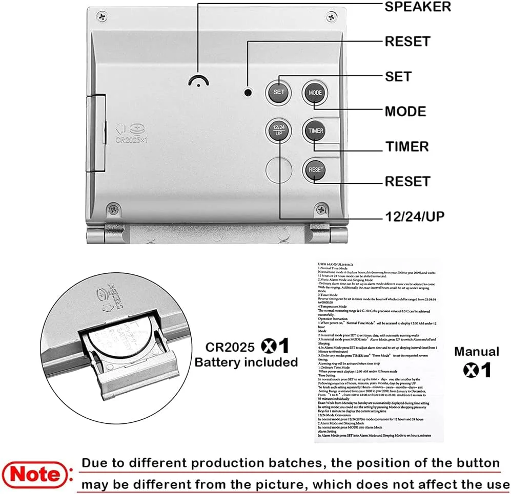 ساعت زنگ دار مسافرتی دیجیتال SYOSI، 2 عدد ساعت تاشو تقویم دار و دماسنج و تایمر LCD با حالت تعویق، نمایشگر اعداد بزرگ، ساعت رومیزی کوچک چند منظوره قابل حمل (مشکی، نقره ای)