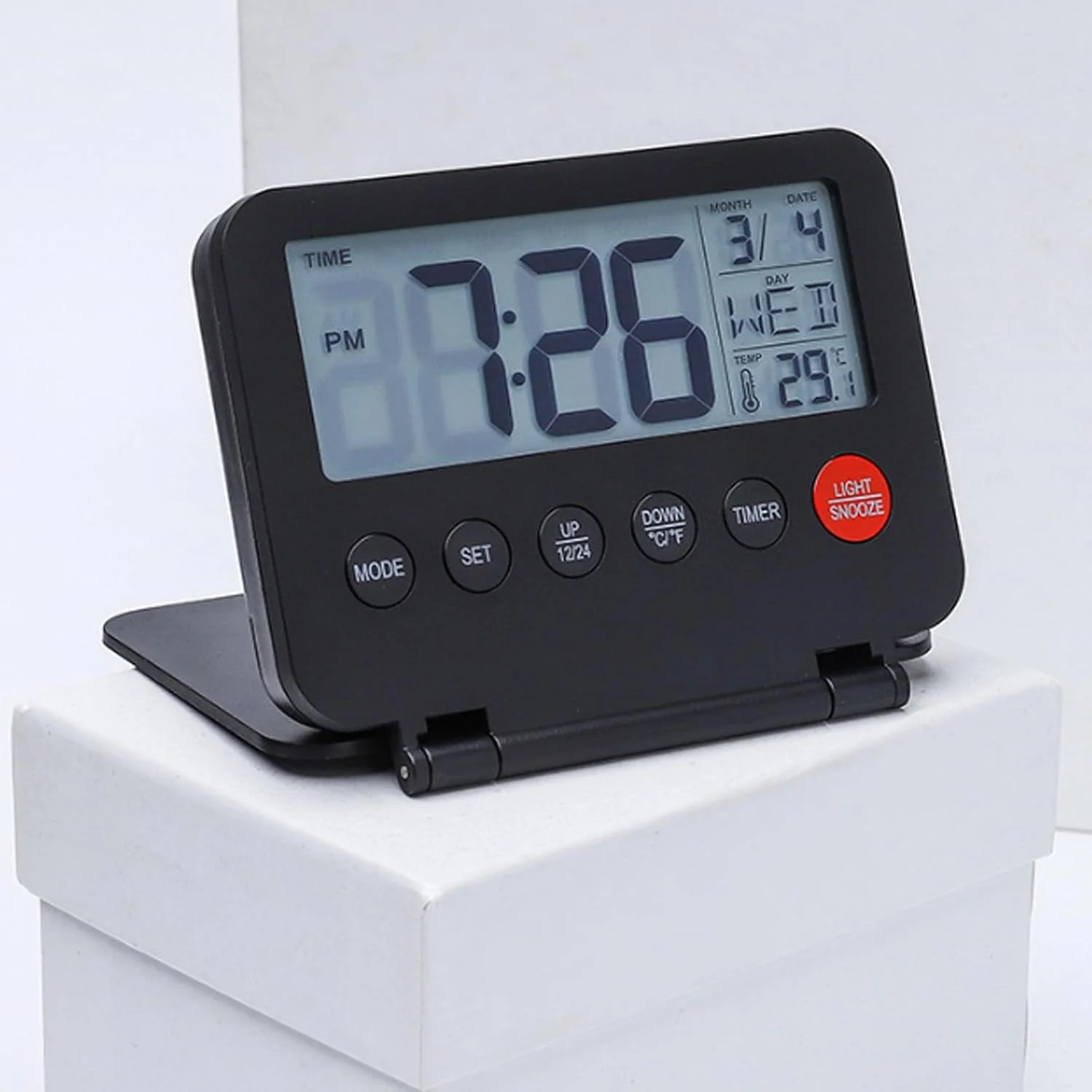 ساعت رومیزی دیجیتال کوچک تزویق، با نمایش تاریخ و دما، دارای عملکرد چرت زدن و نور پس زمینه، ساعت رومیزی با صفحه نمایش بزرگ و دکمه جلویی، مناسب برای خانه و محل کار، مشکی