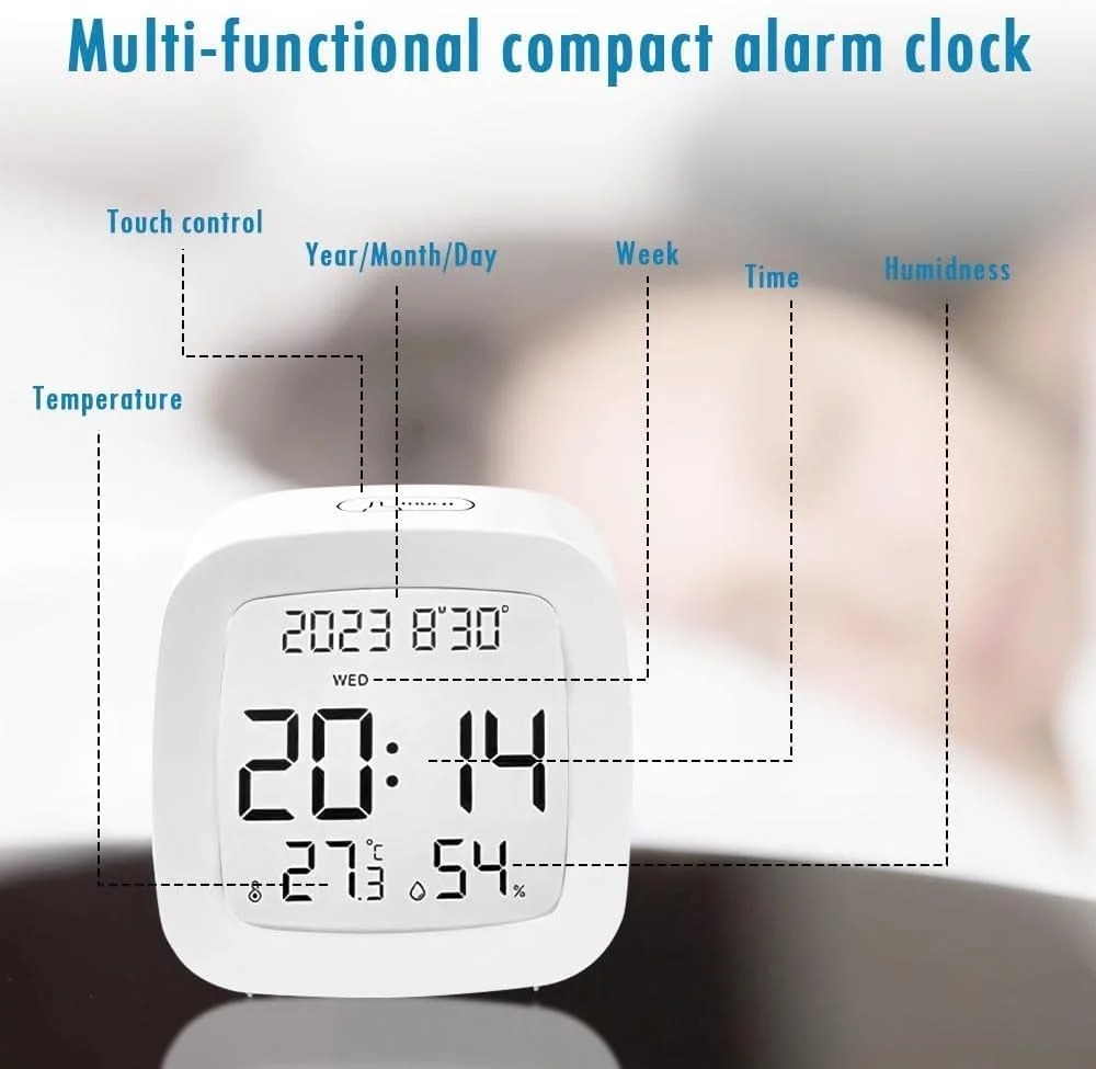 ساعت زنگ دار دیجیتال کوچک با نمایشگر دما و رطوبت، ساعت رومیزی قابل حمل Azonee برای کودکان با عملکرد چرت زدن، چراغ خواب، نمایش زمان، تاریخ، زنگ هشدار بلند، باطری خور، ایده آل برای اتاق خواب