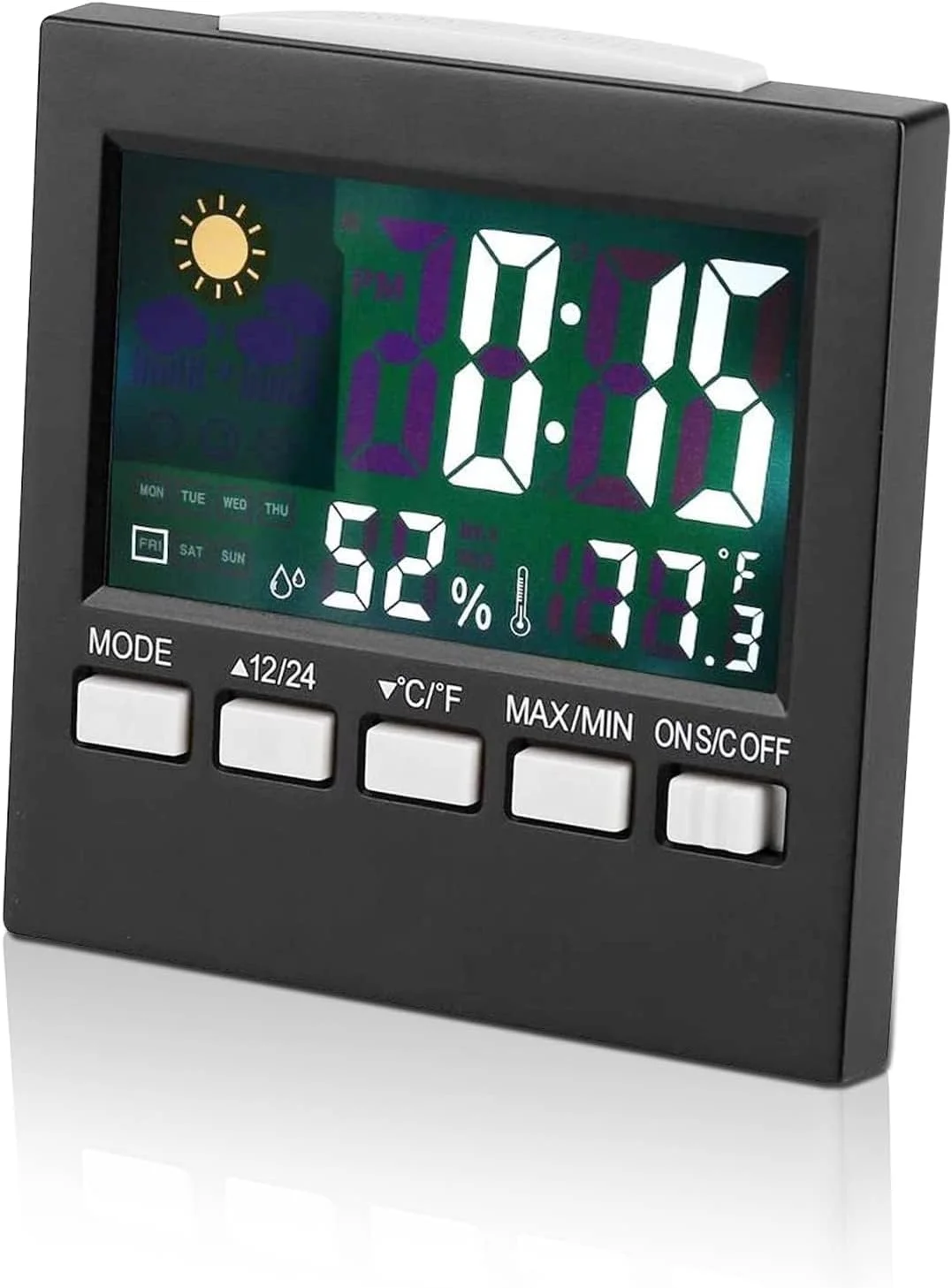 ساعت زنگ دار مسافرتی با نمایشگر دما و رطوبت، ساعت تقویم دیجیتال هواشناسی، ساعت زنگ دار با نمایشگر دما و رطوبت، عملکرد تعویق زنگ هشدار، دماسنج دیجیتال رومیزی برای سفر کاری و اداری