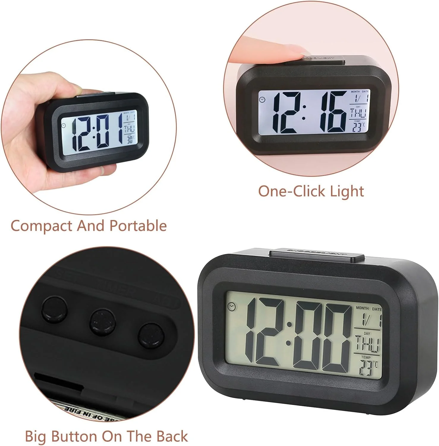 ساعت زنگ دار دیجیتال کوچک با صفحه نمایش بزرگ، ساعت کنار تختی با تقویم دمای نورانی، ساعت زنگ دار با باتری برای میز اتاق خواب و دفتر کار (مشکی)