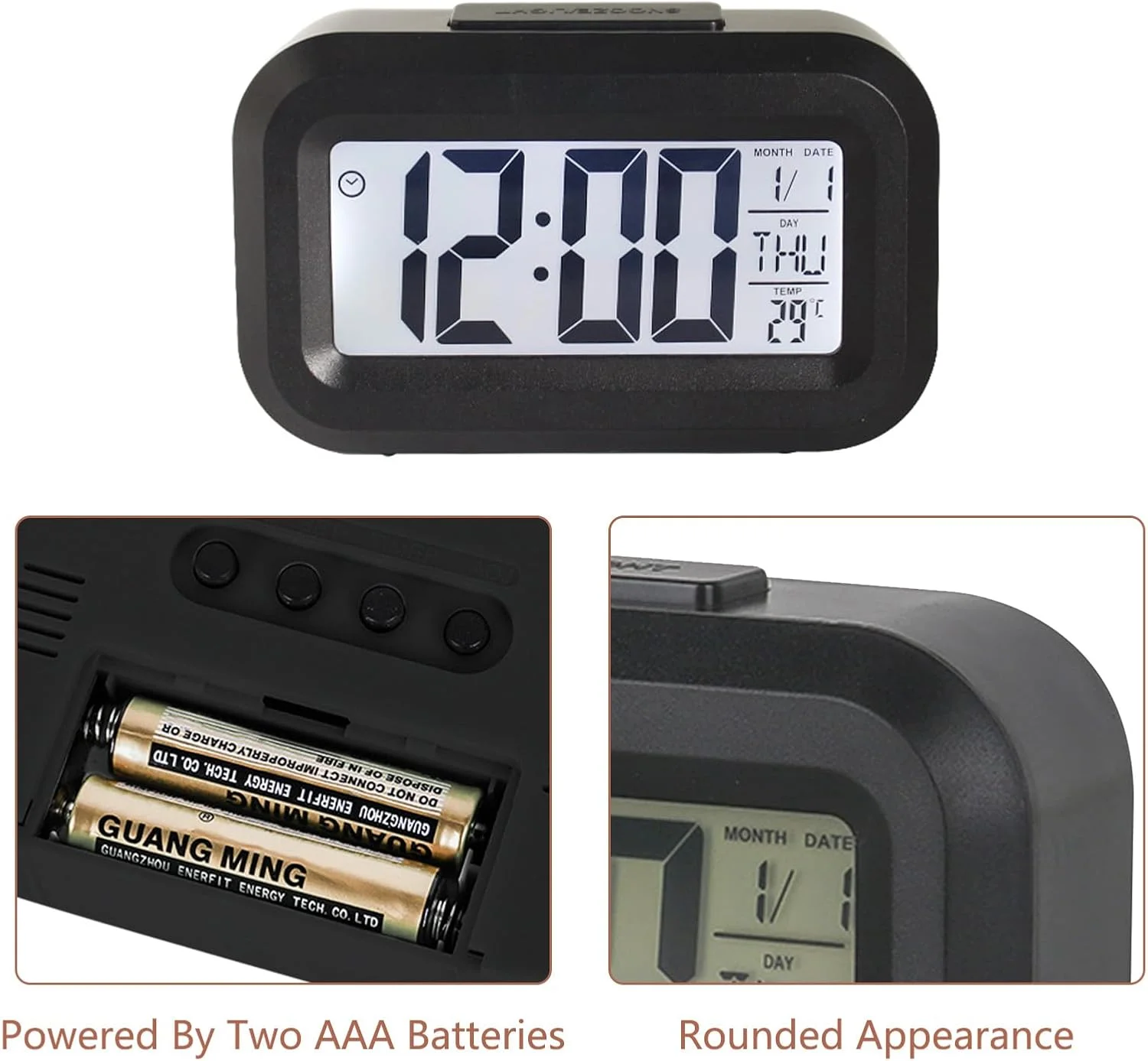 ساعت زنگ دار دیجیتال کوچک Toguma با صفحه نمایش بزرگ، ساعت کنار تختی با تقویم و دماسنج نورانی، ساعت زنگ دار با باتری برای میز کار اتاق خواب (مشکی)